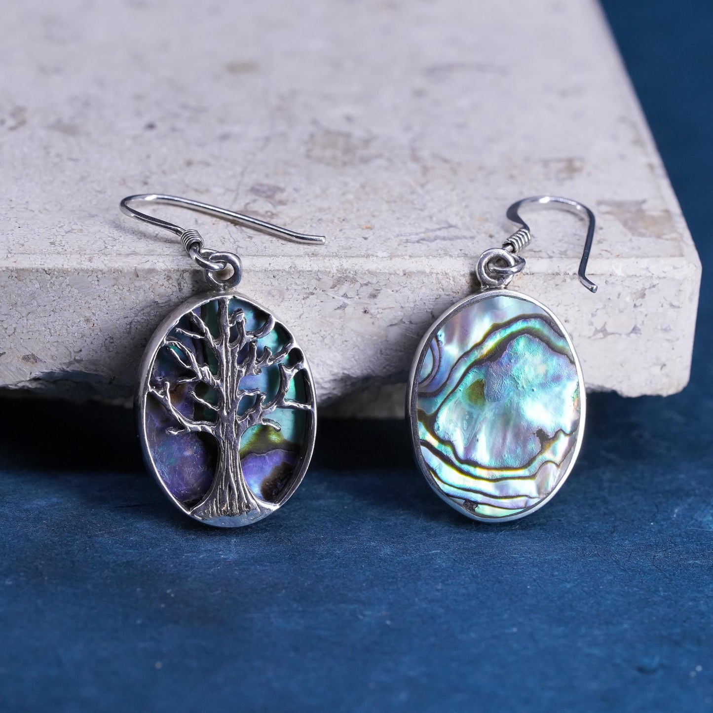 Vintage Sterling Silver 925 handmade oval tree earrings with abalone inlay