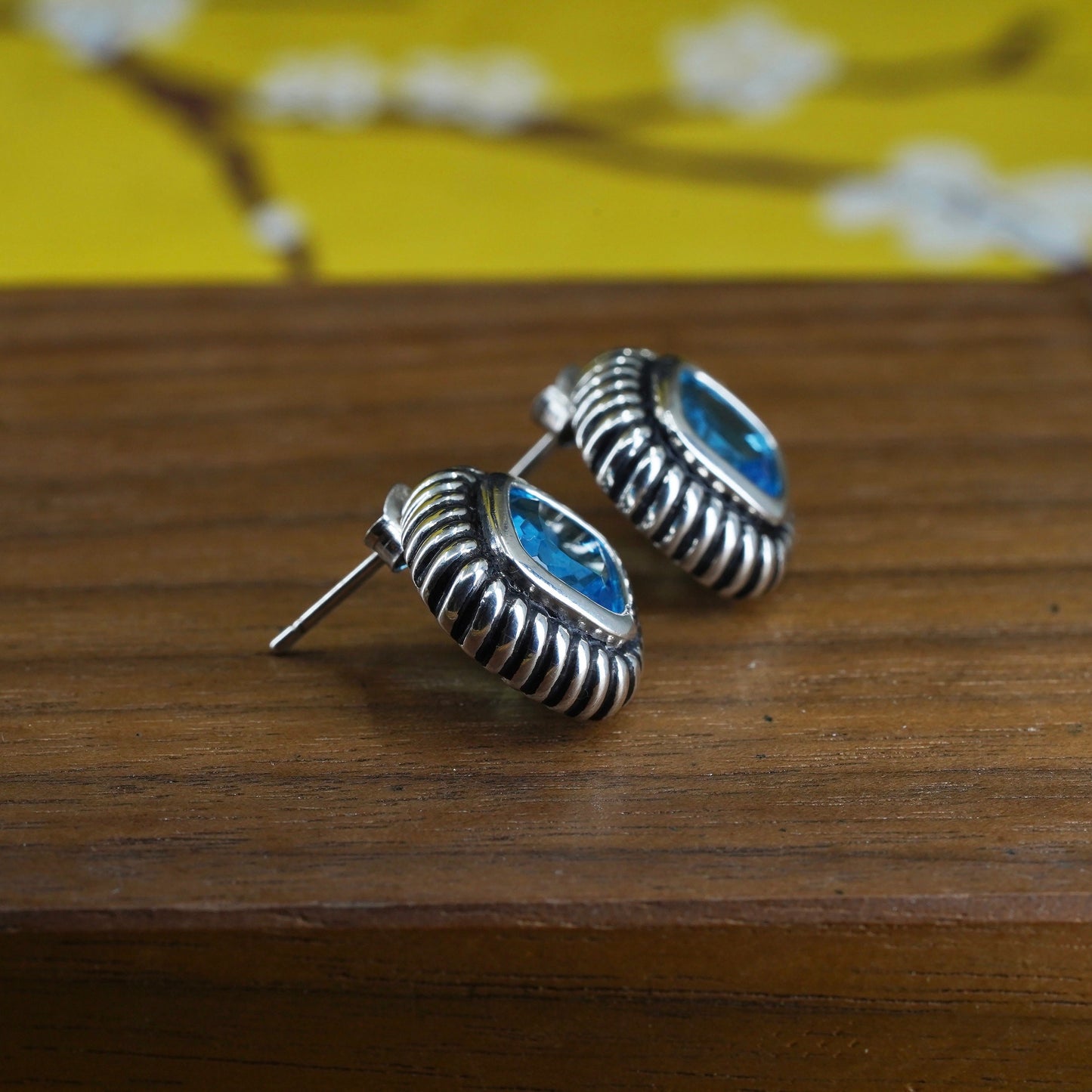 Vintage Sterling silver handmade earrings, 925 rubber studs with blue topaz