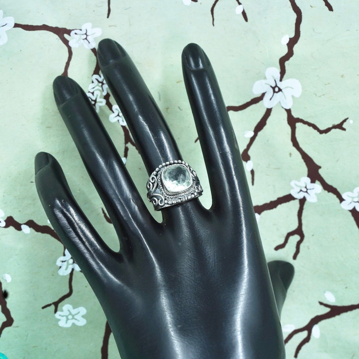 Size 7.25, Vintage sterling 925 silver handmade ring with aquamarine and beads