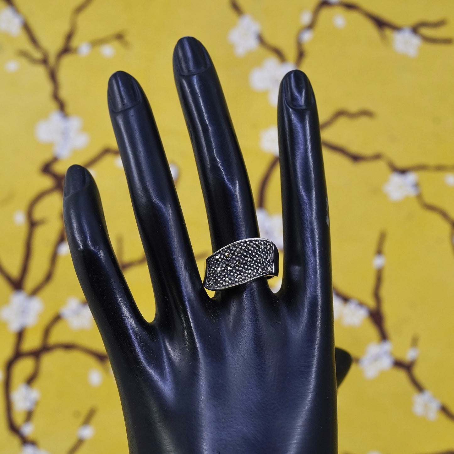 Size 8, Sterling silver handmade ring, southwestern, 925 wavy band marcasite