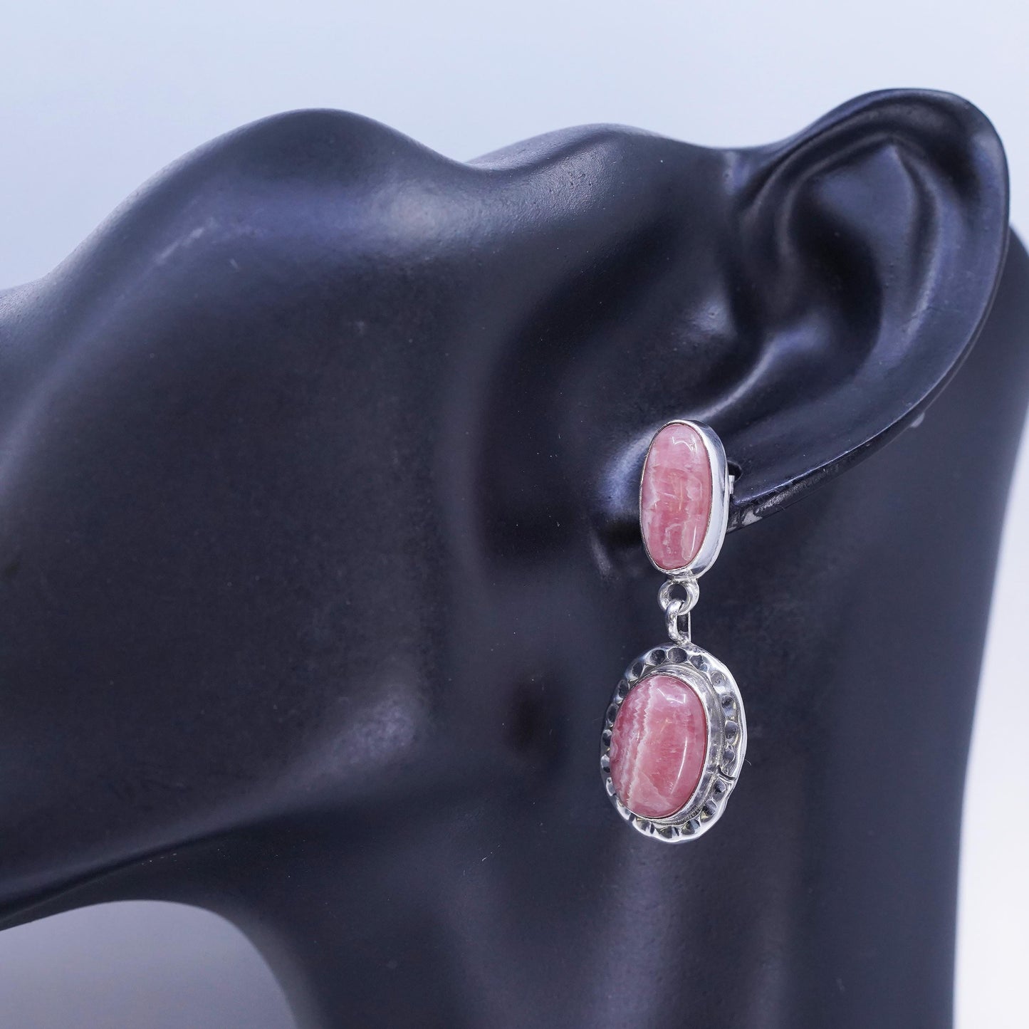 Vintage Sterling 925 silver handmade earrings with oval pink Rhodochrosite