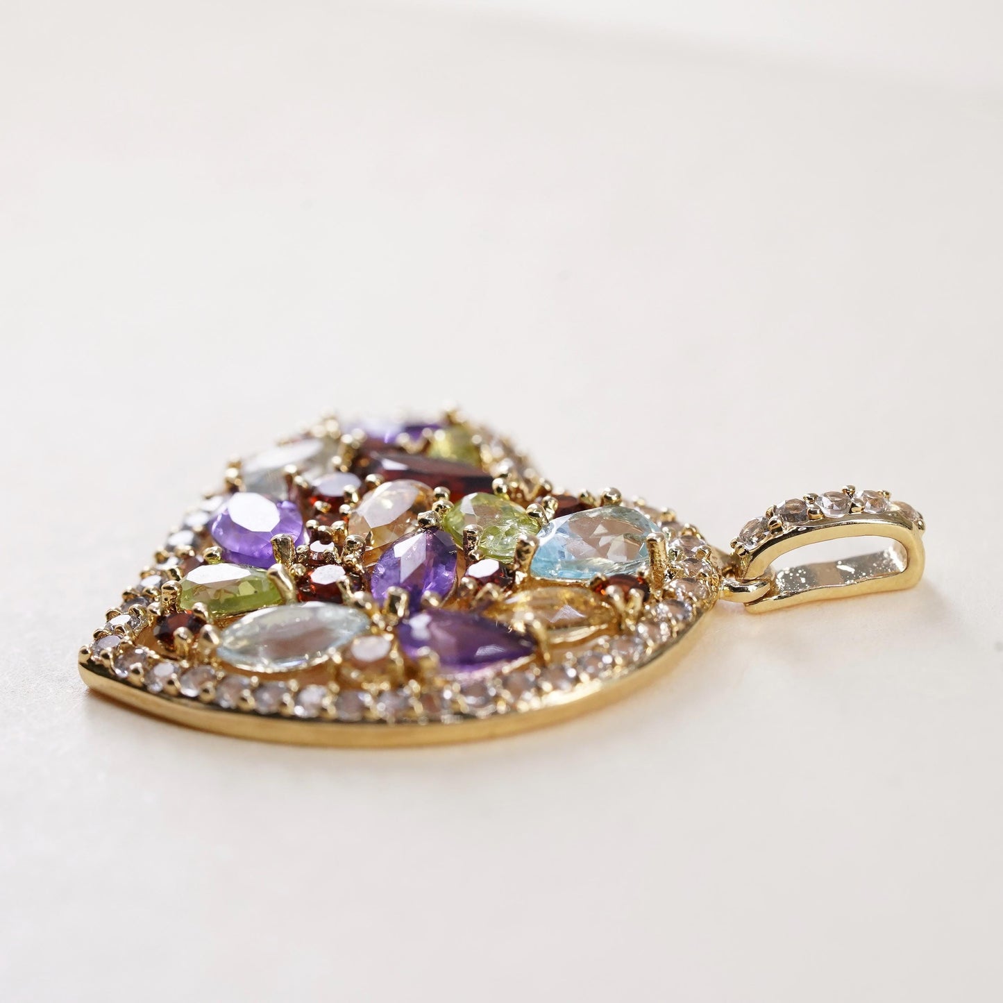 Vintage PAJ BR gold plated brass filigree heart with multi gemstones