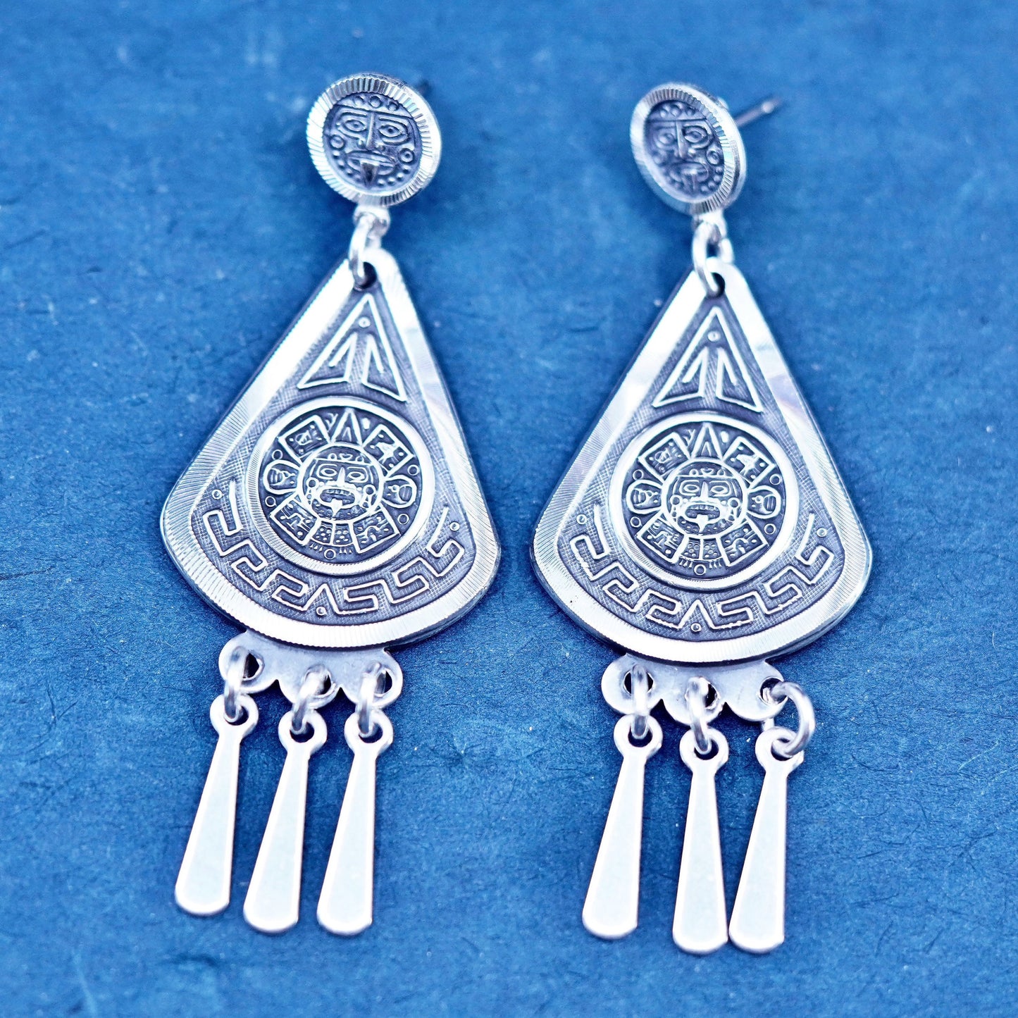 Mexico Sterling Silver Earrings 925 teardrop embossed mayan calendar and fringe