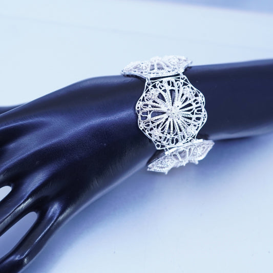 6.75”, vintage Sterling 925 silver handmade filigree flower bracelet