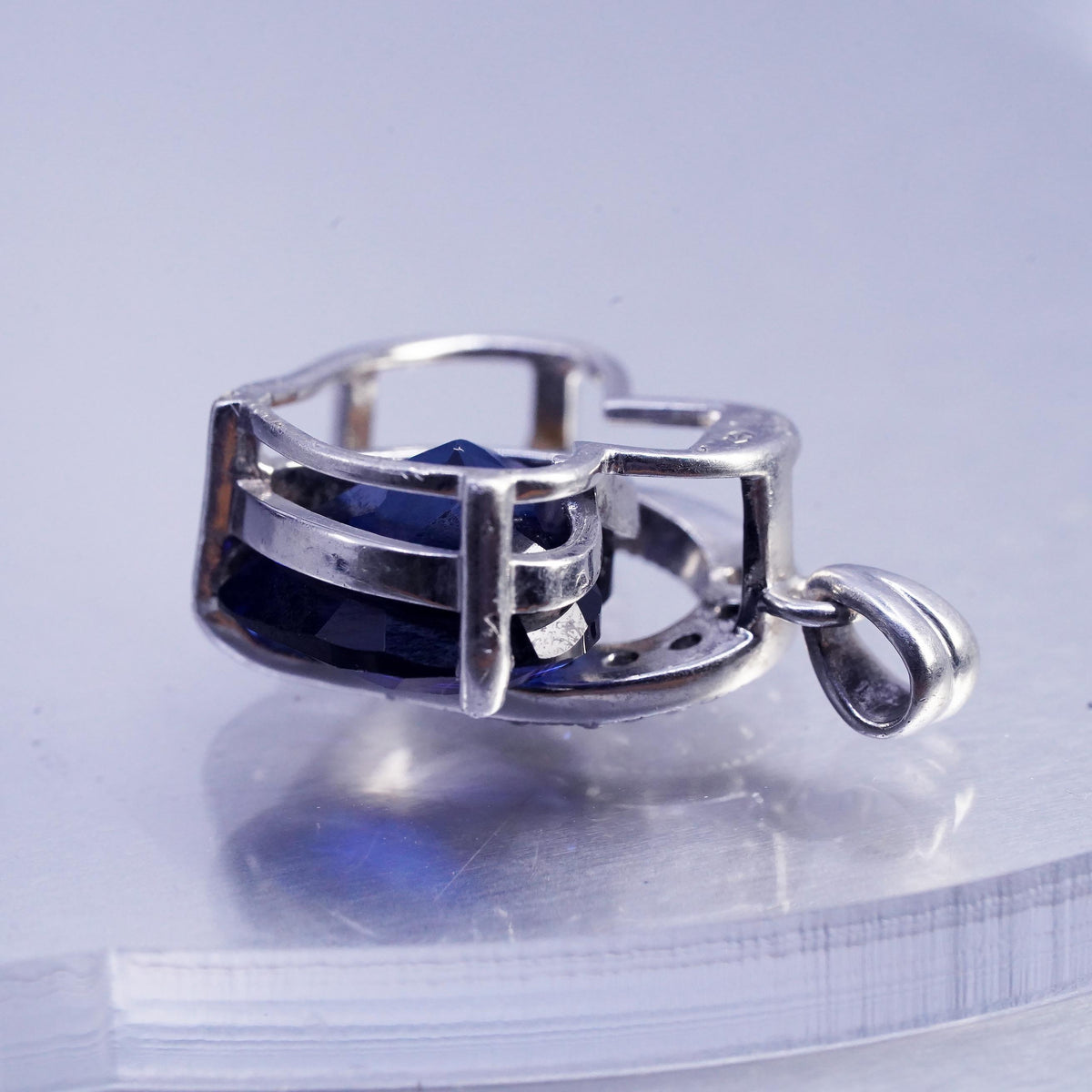 Vintage sterling 925 silver double heart pendant with sapphire and cz crystal