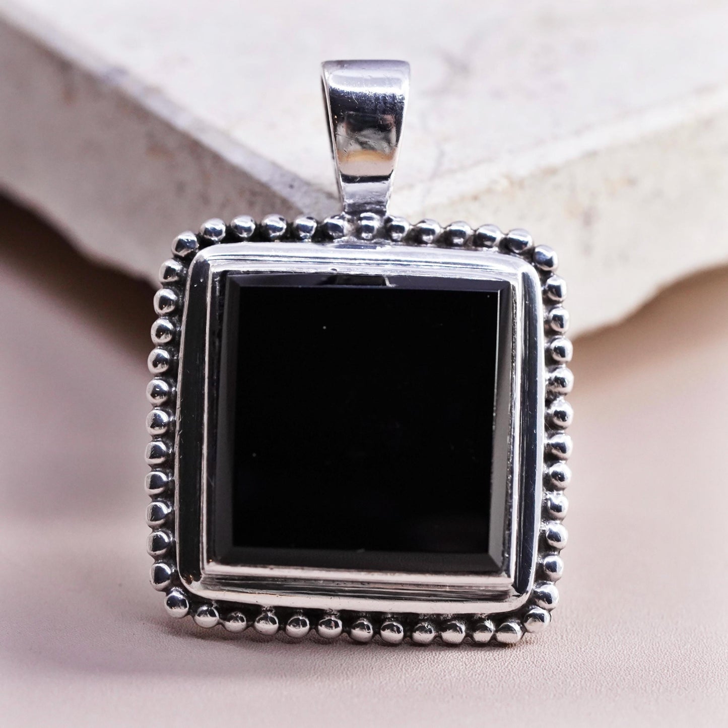Vintage Peyote Bird Sterling 925 silver handmade square pendant black onyx bead