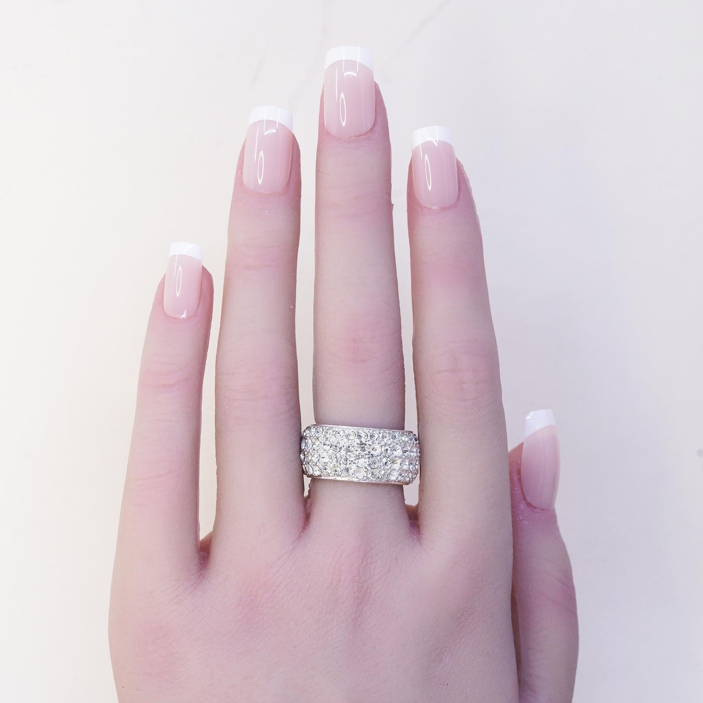 Size 6.5, vintage sterling 925 silver ring with cluster CZ, statement wide band