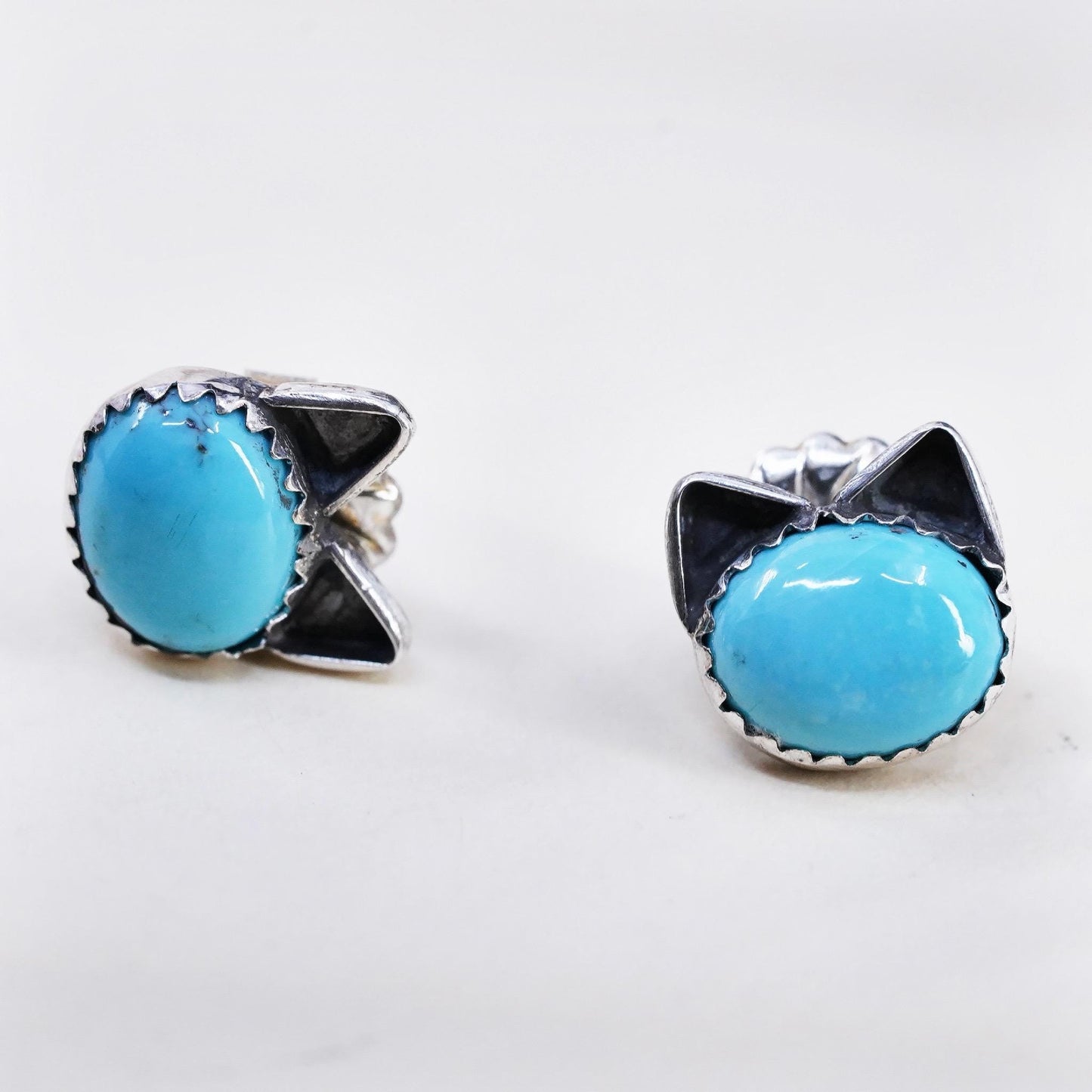 Vintage MC Sterling silver handmade earrings, 925 cat kitty studs turquoise