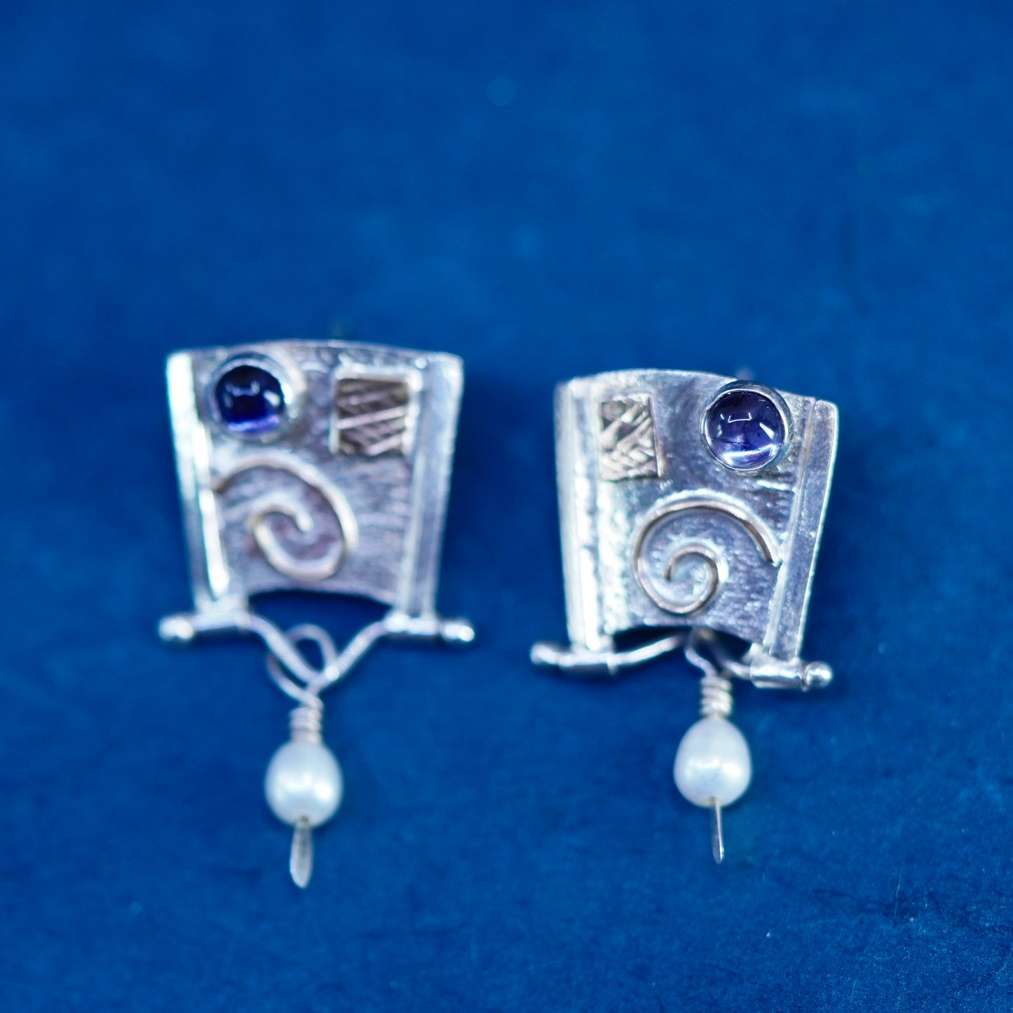 Vintage two tone 14K gold with sterling silver 925 handmade earrings w/ pearls