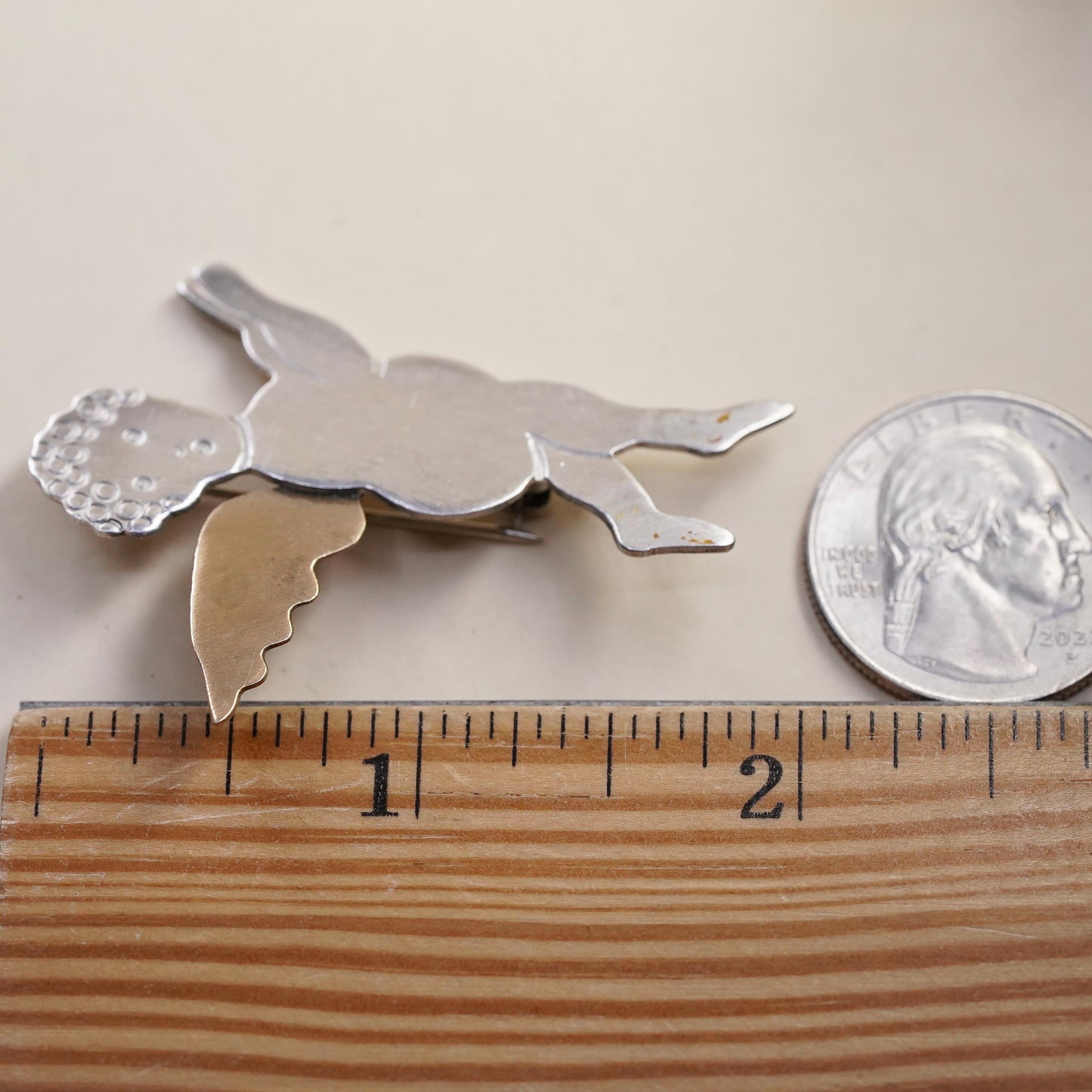 Vintage Sterling 925 Silver Signed DJI two tone angel brooch pin, brass wings