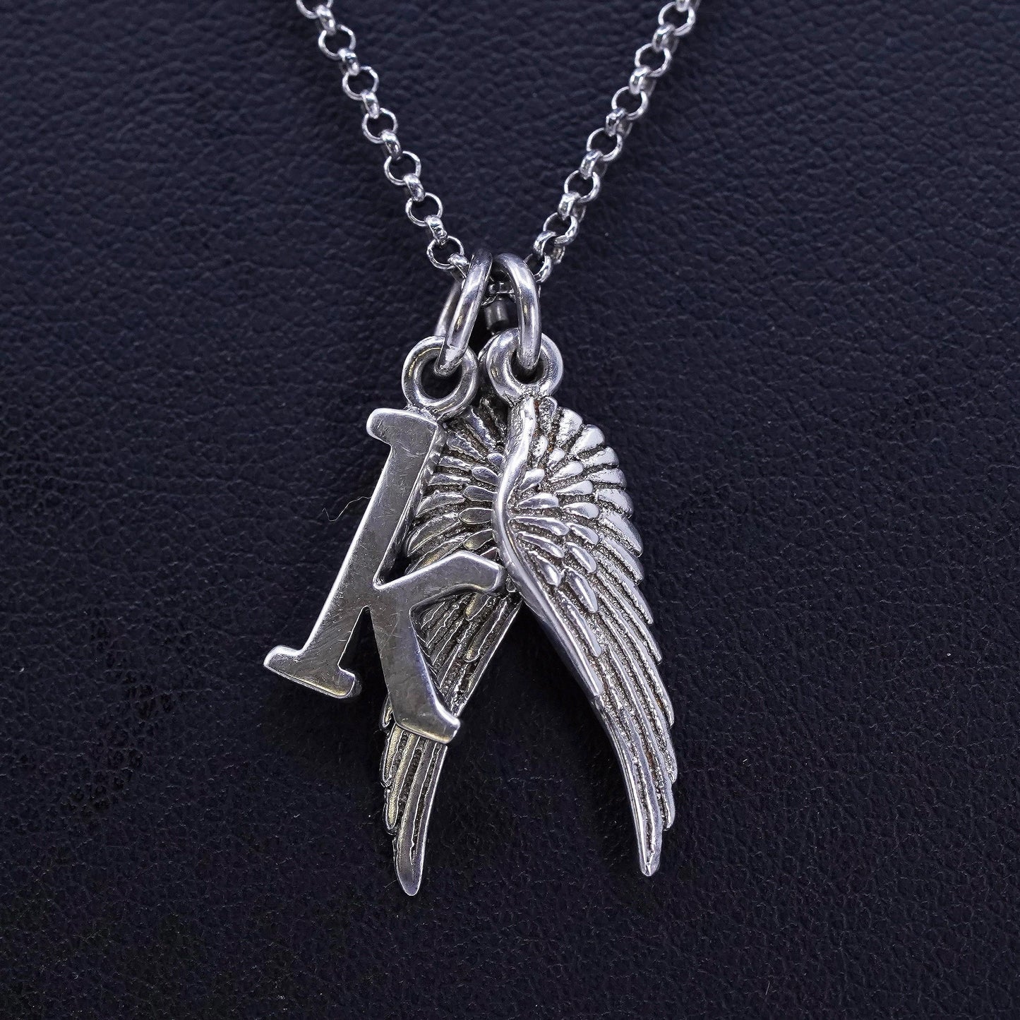 16+2”, vintage Sterling 925 silver circle chain necklace letter K wings pendant