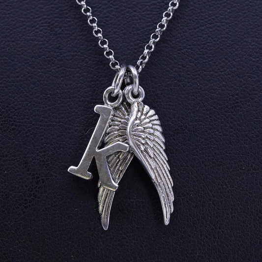 16+2”, vintage Sterling 925 silver circle chain necklace letter K wings pendant