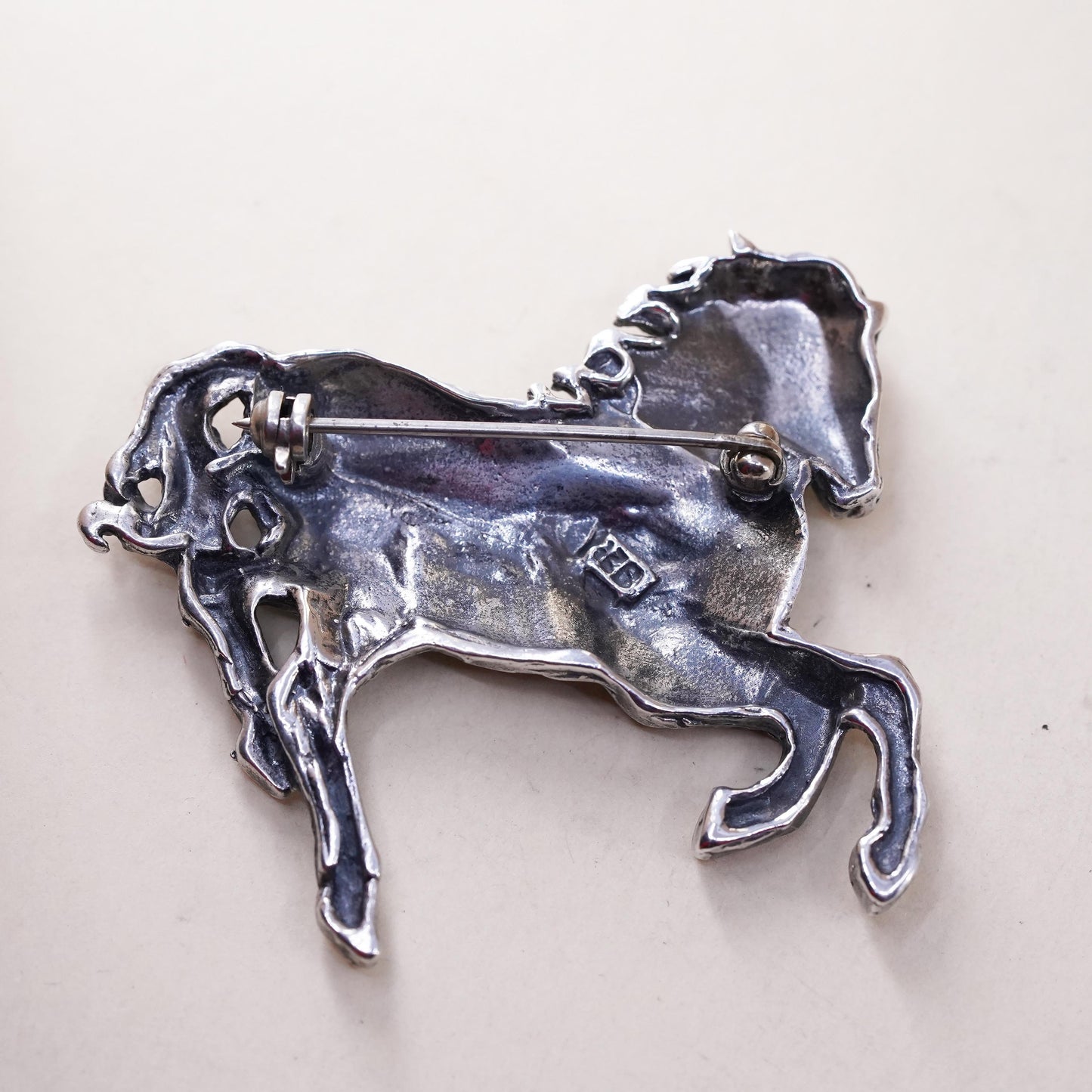 Vintage oxidized Sterling Silver Brooch 925 Pin, beaded horse Statement Jewelry
