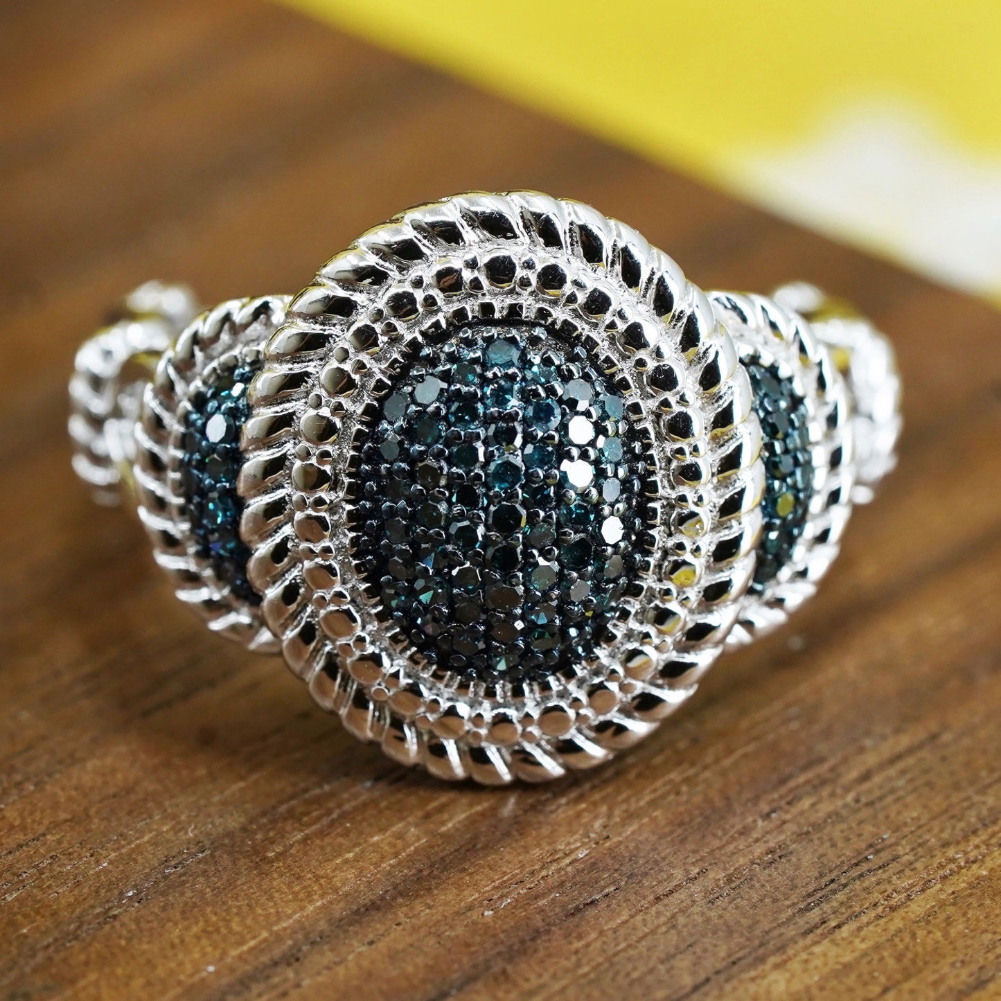 Size 8.25, vintage Sterling silver 925 ring with cluster genuine black diamond