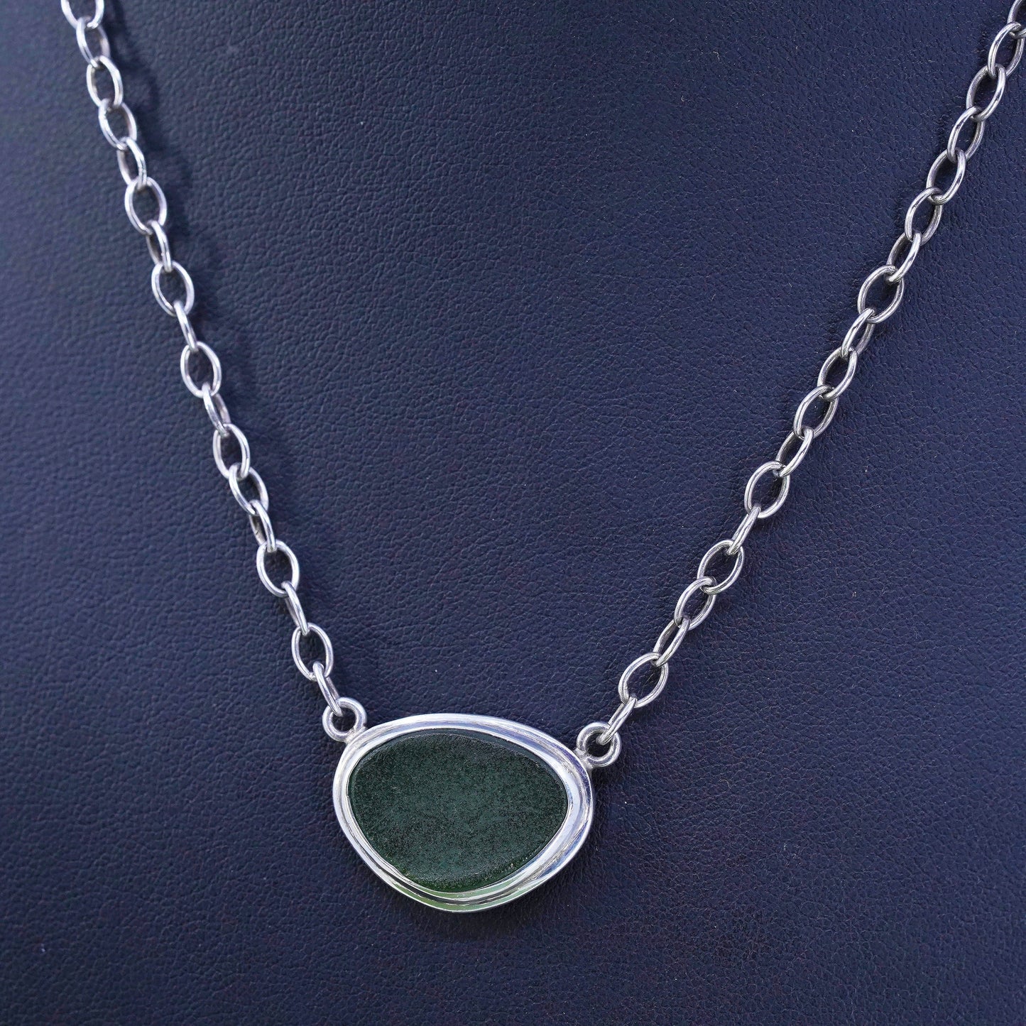 15+1", sterling silver oval link chain necklace green sea washed glass pendant