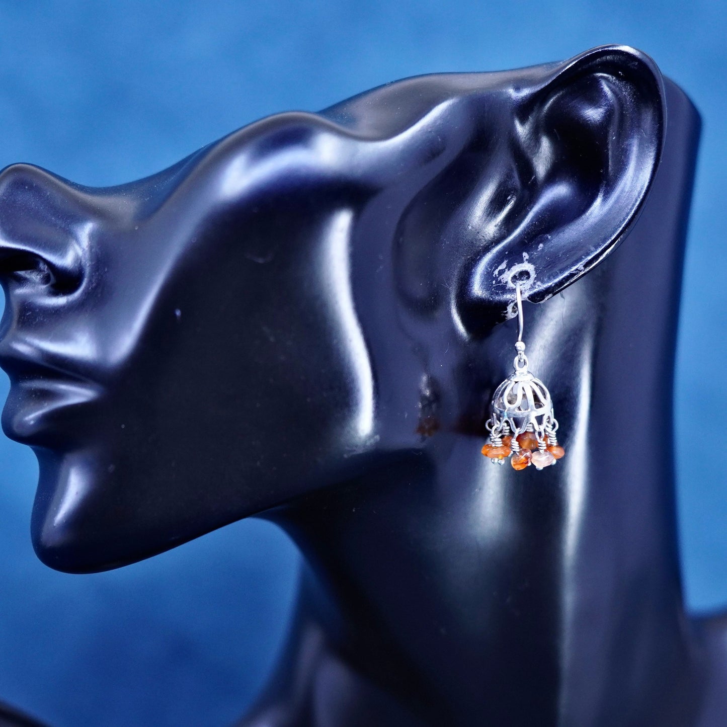 Vintage Sterling Silver 925 filigree crown Earrings with cluster carnelian