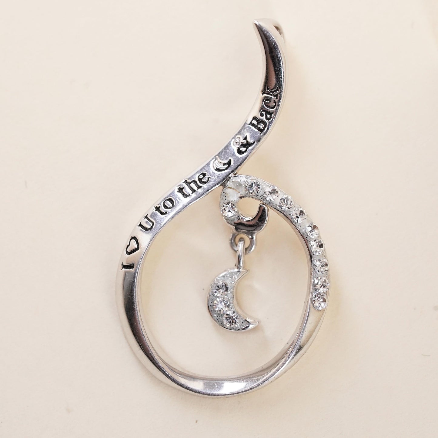 Sterling silver charm, 925 cz teardrop moon pendant I love you to the moon