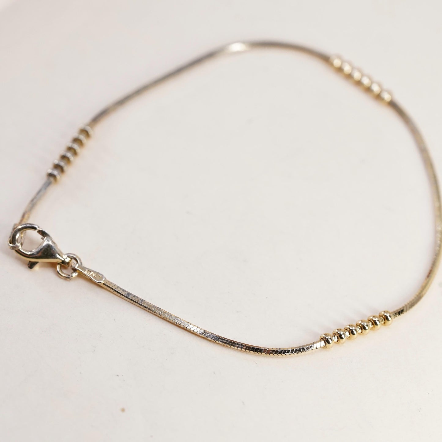 7", Vintage gold over sterling silver bracelet, 925 snake chain with beads