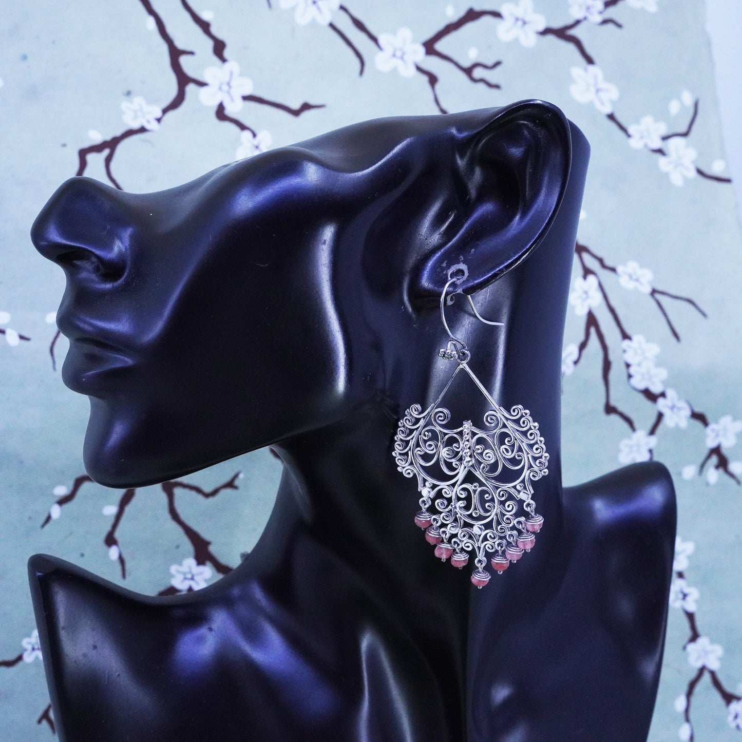 Sterling silver handmade huge earrings, 925 filigree swirly dangles rose quartz