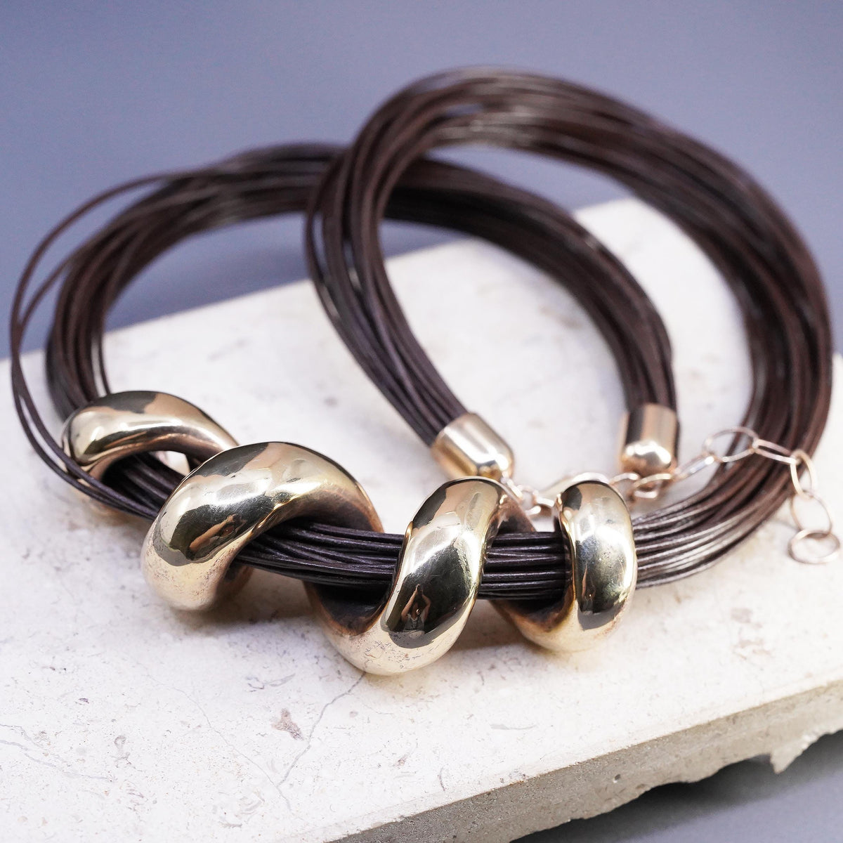 20+2", Vermeil Gold Sterling 925 Silver Multi Strand Leather Necklace Swirl
