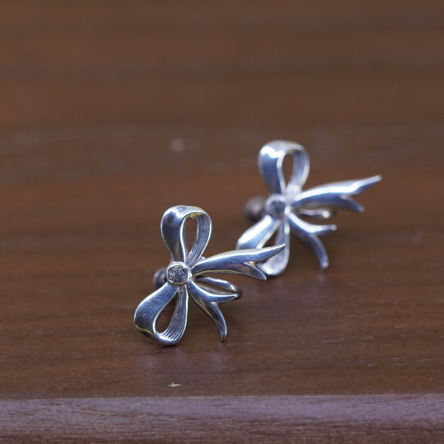 Vintage Sterling silver handmade screw back earrings, 925 ribbon bow