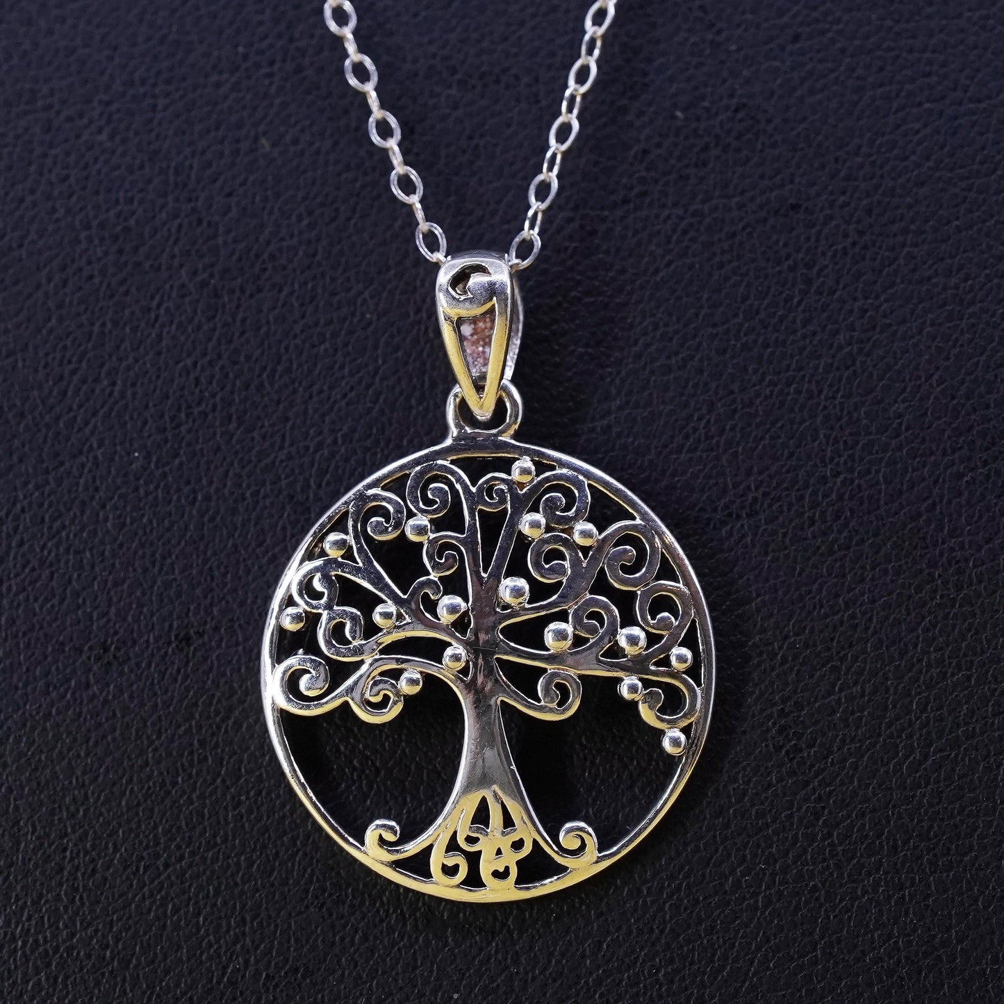 19” Sterling silver necklace with circle chain and filigree 925 tree pendant