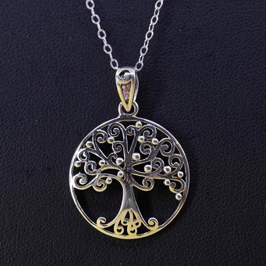 19” Sterling silver necklace with circle chain and filigree 925 tree pendant