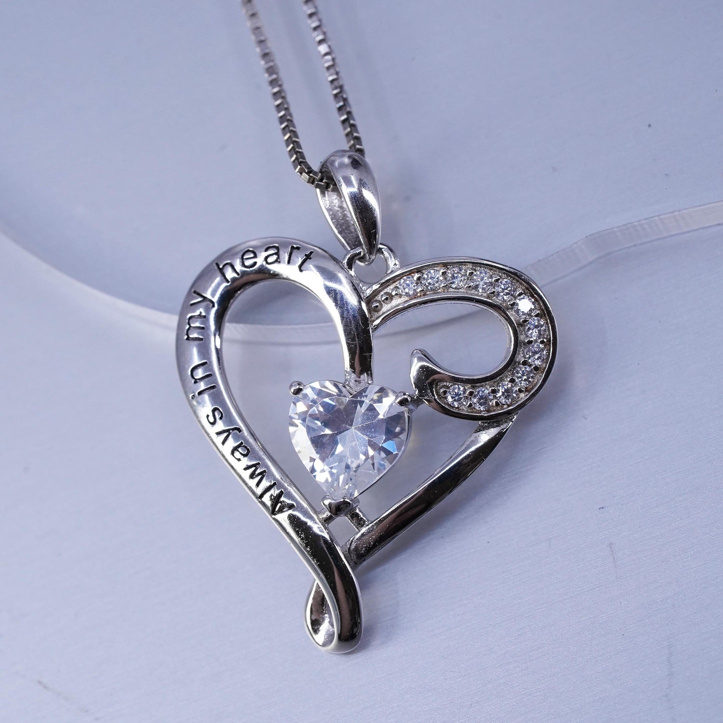 18+1”, Sterling 925 silver box necklace cz heart pendant “always in my heart”