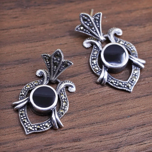 Vintage Sterling 925 silver handmade earrings with onyx and marcasite