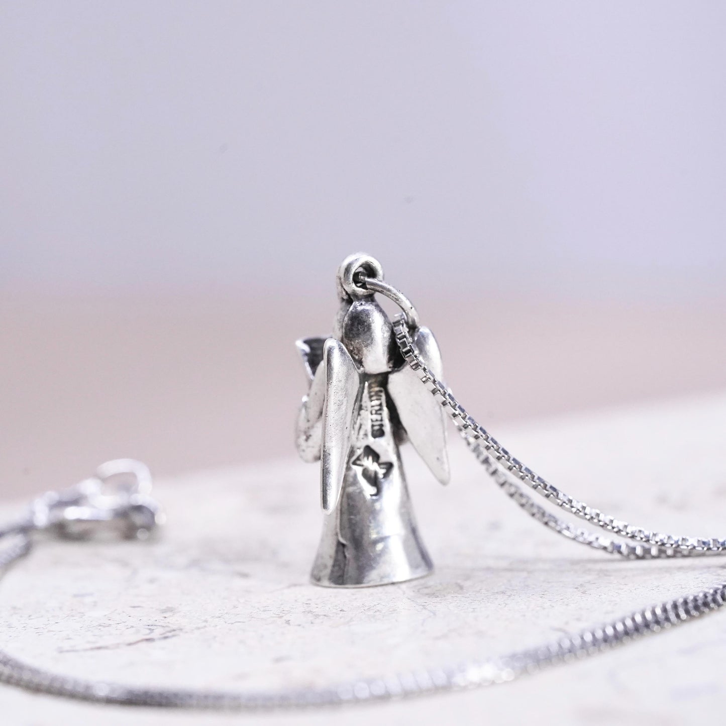 18”, sterling 925 silver handmade box chain necklace with angel charm pendant