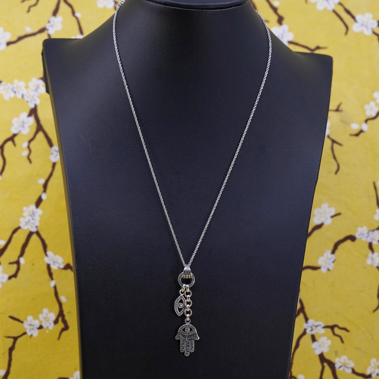 16+2” Sterling 925 silver rope necklace hamsa healing hand, evil eye pendants