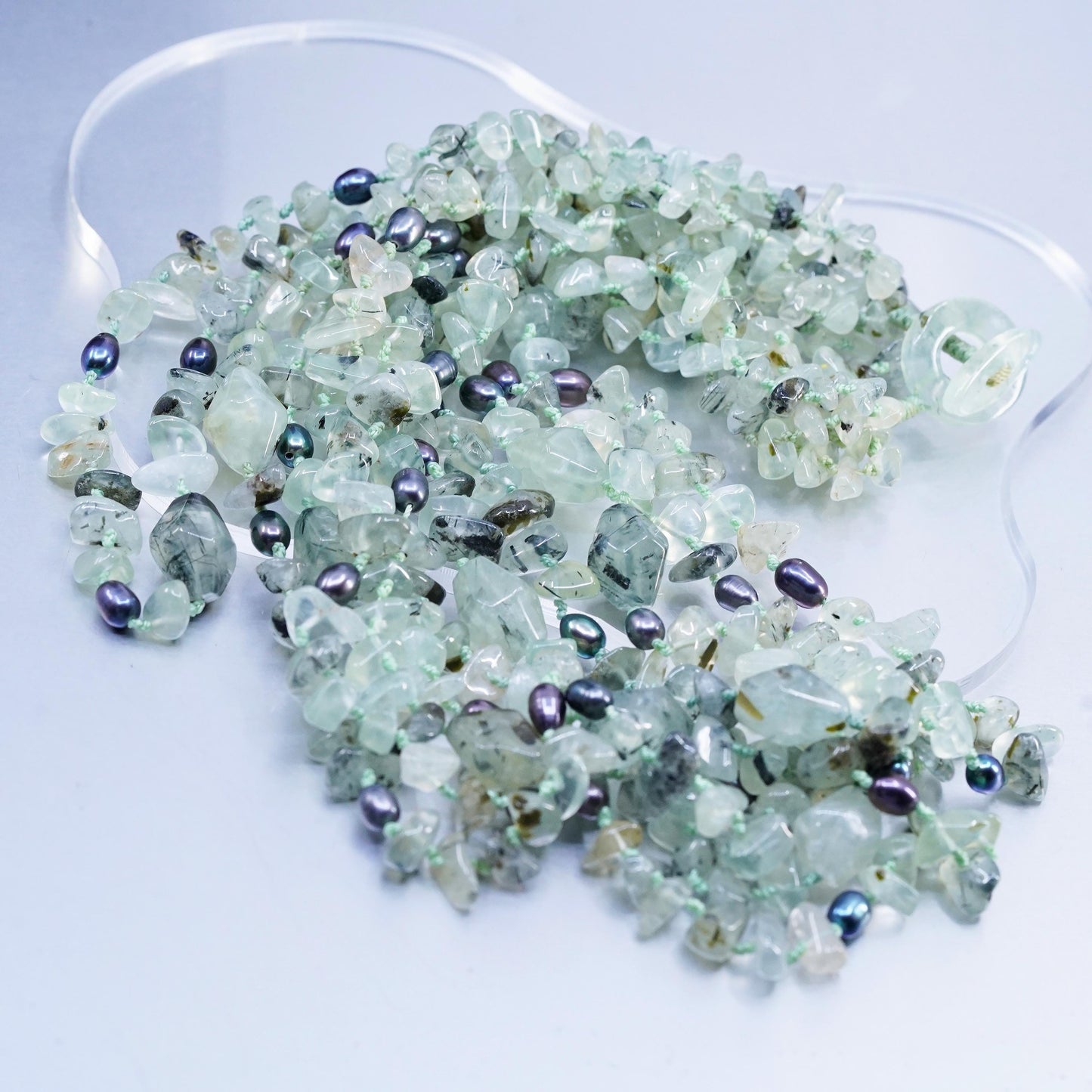18", vintage multi strands jade bead linen thread necklace black pearl beads