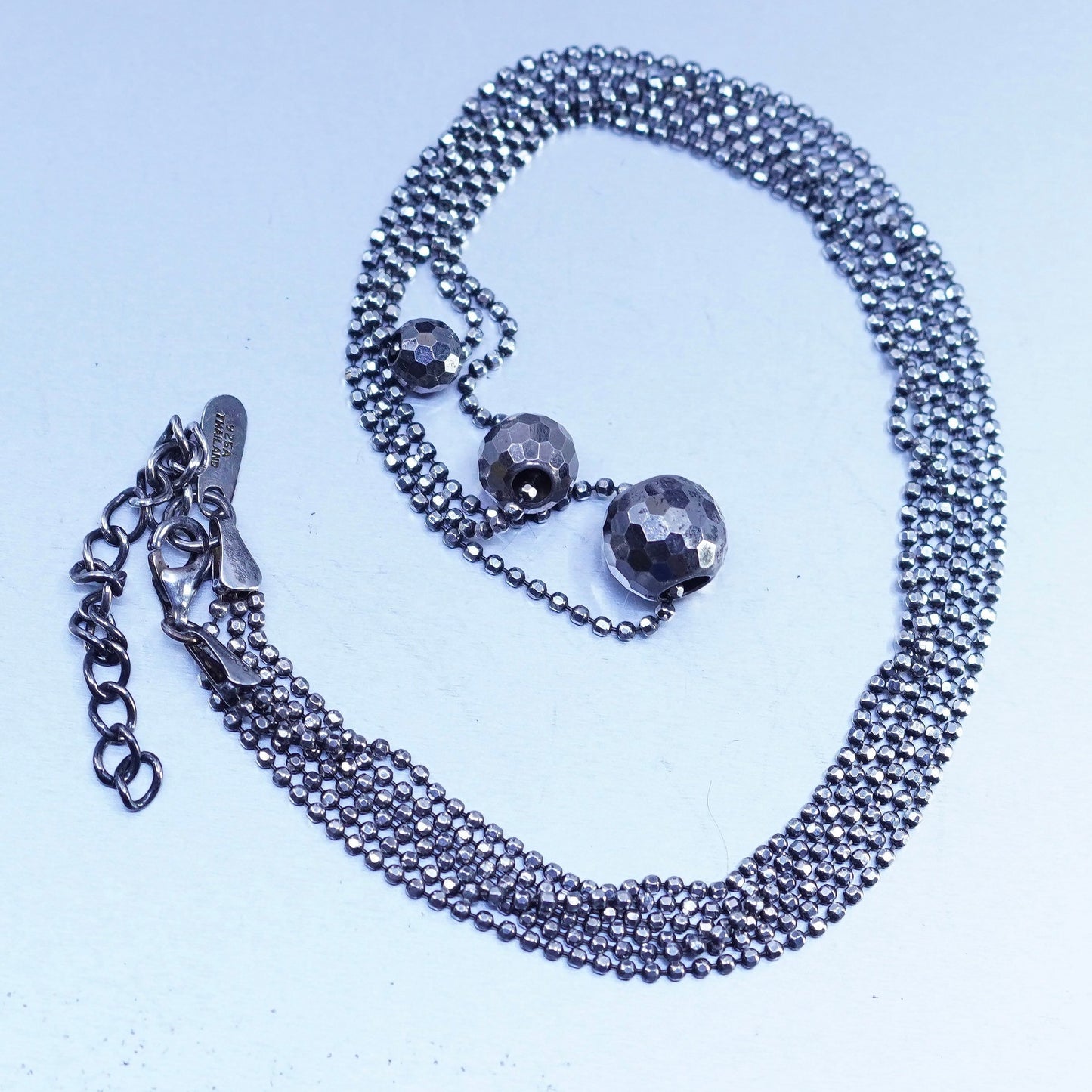16”, vintage Sterling 925 silver handmade multi strands bead chain necklace