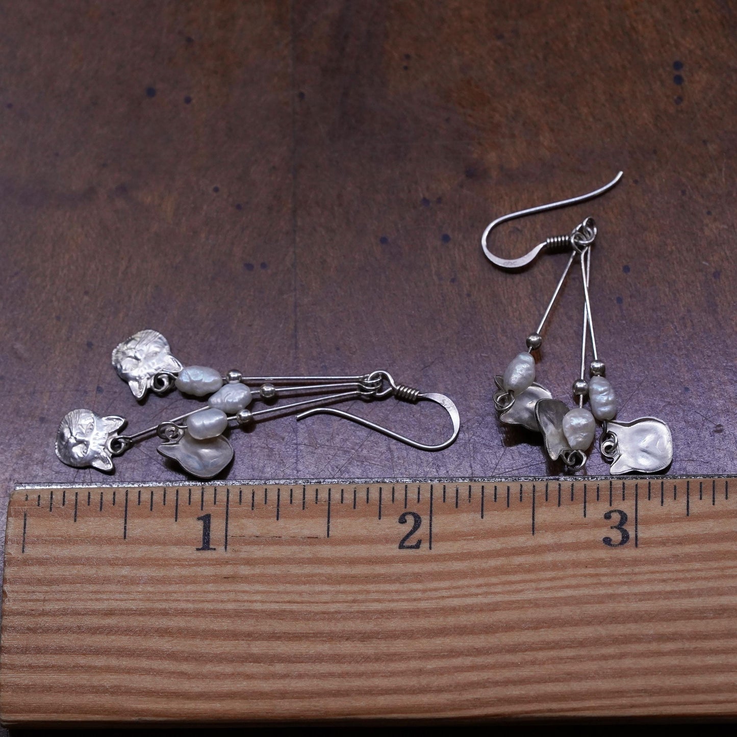 Vintage Meow sterling silver handmade earrings, 925 cat dangles and pearls