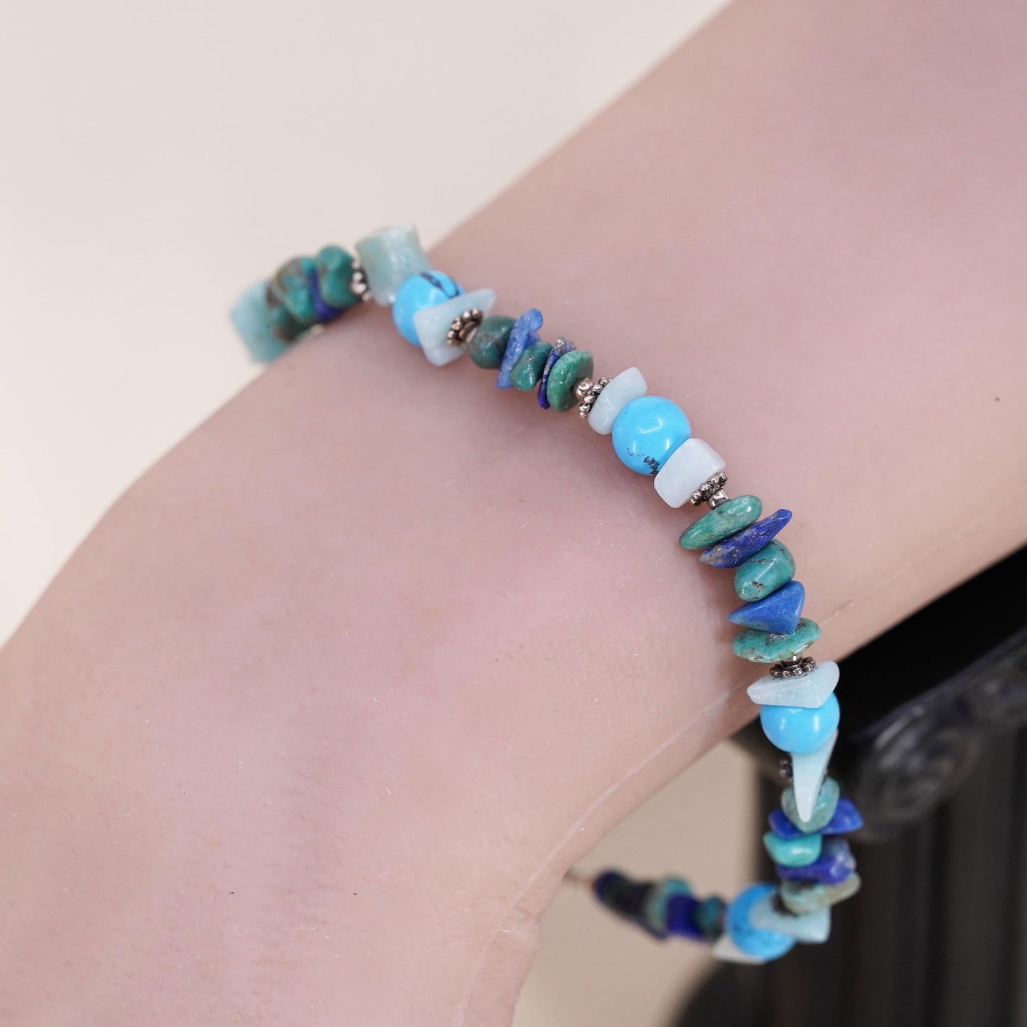 7”, southwestern Sterling 925 silver bracelet turquoise jade lapis lazuli beads
