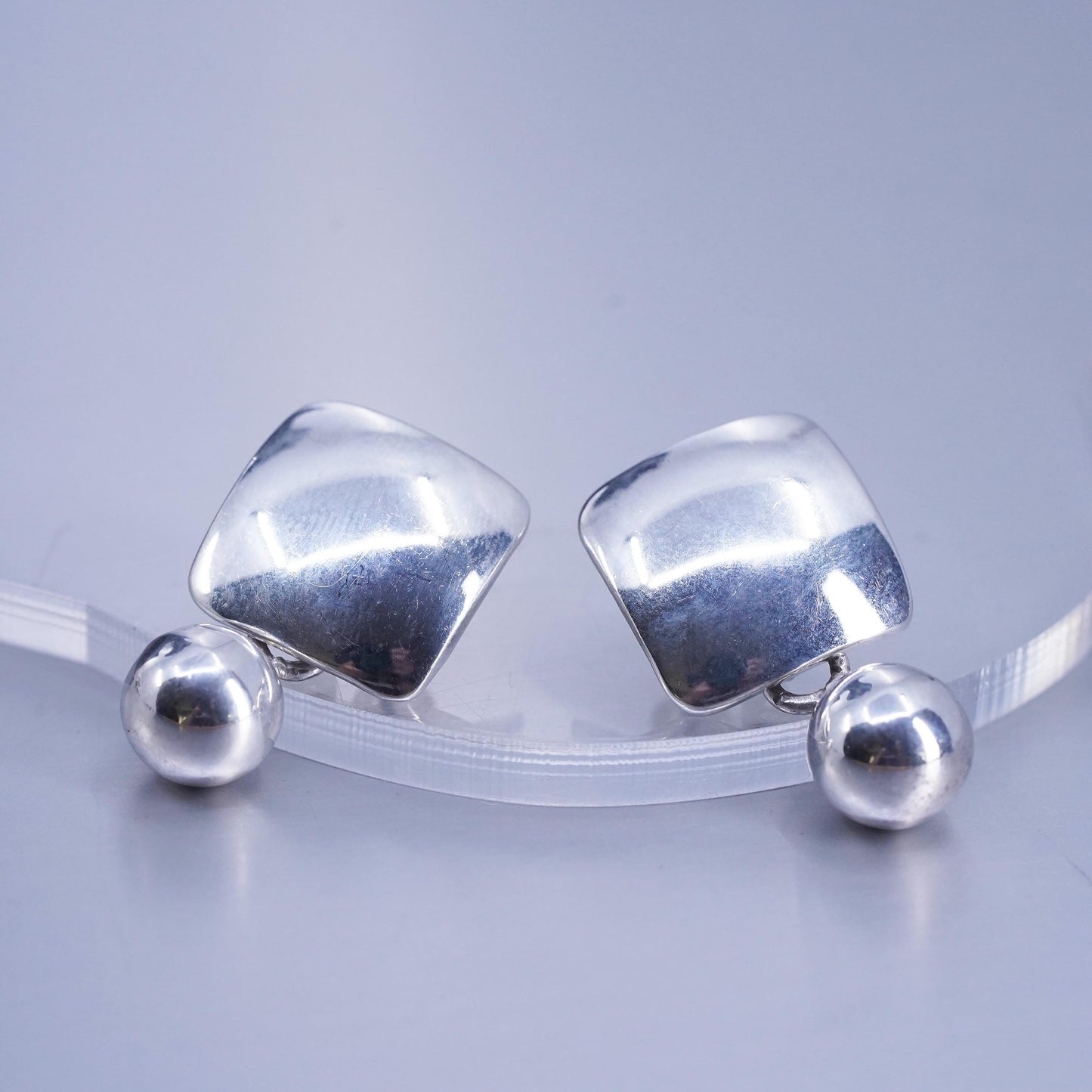 VTG Retired Silpada Sterling 925 Silver Concave Square Ball Bead Earrings P0288