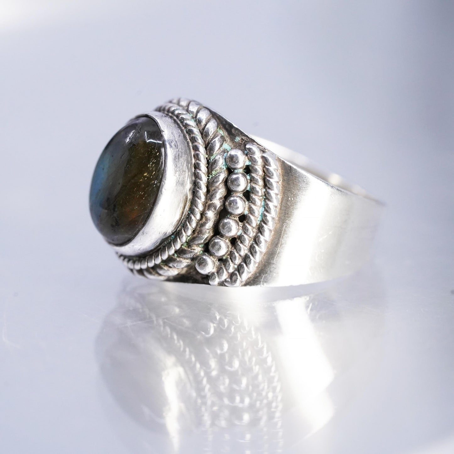 Sz 6.5, Vintage Sterling silver handmade ring, 925 band with Labradorite beads