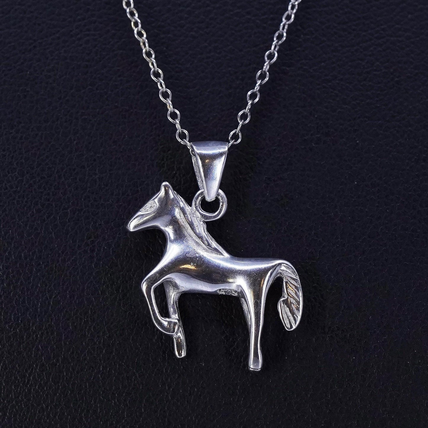 18”, vintage Sterling 925 silver twisted curb necklace with heart horse pendant