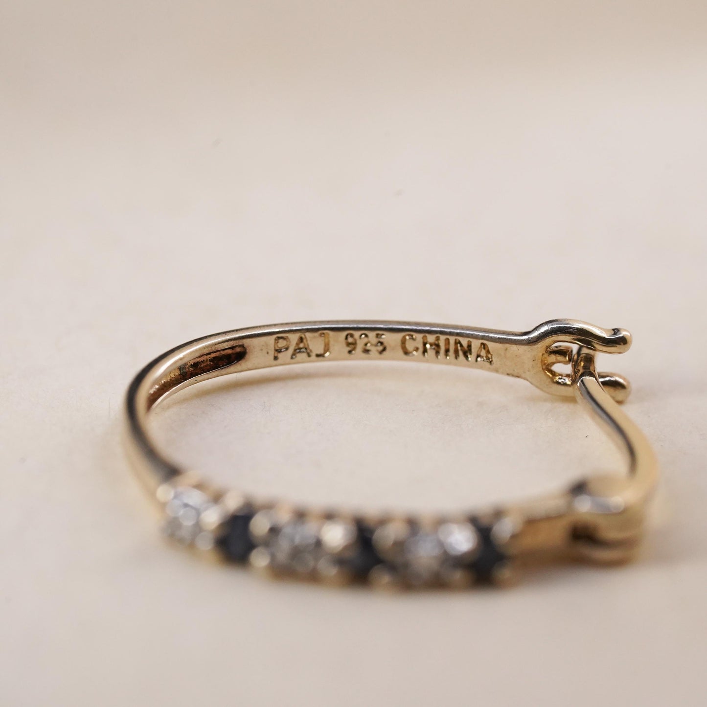 0.75", vermeil gold over sterling silver single earring, hoop sapphire diamonds