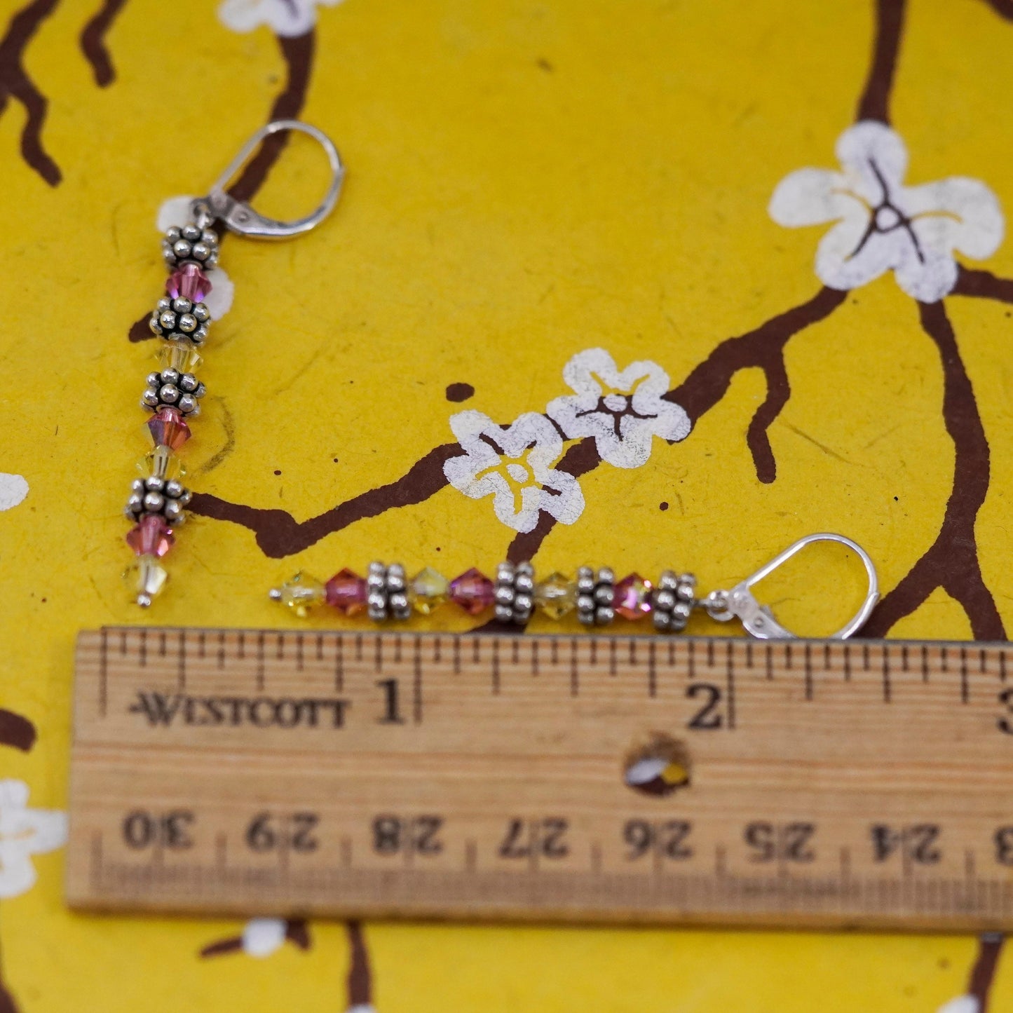 Vintage Sterling silver 925 handmade earrings with pink yellow crystal