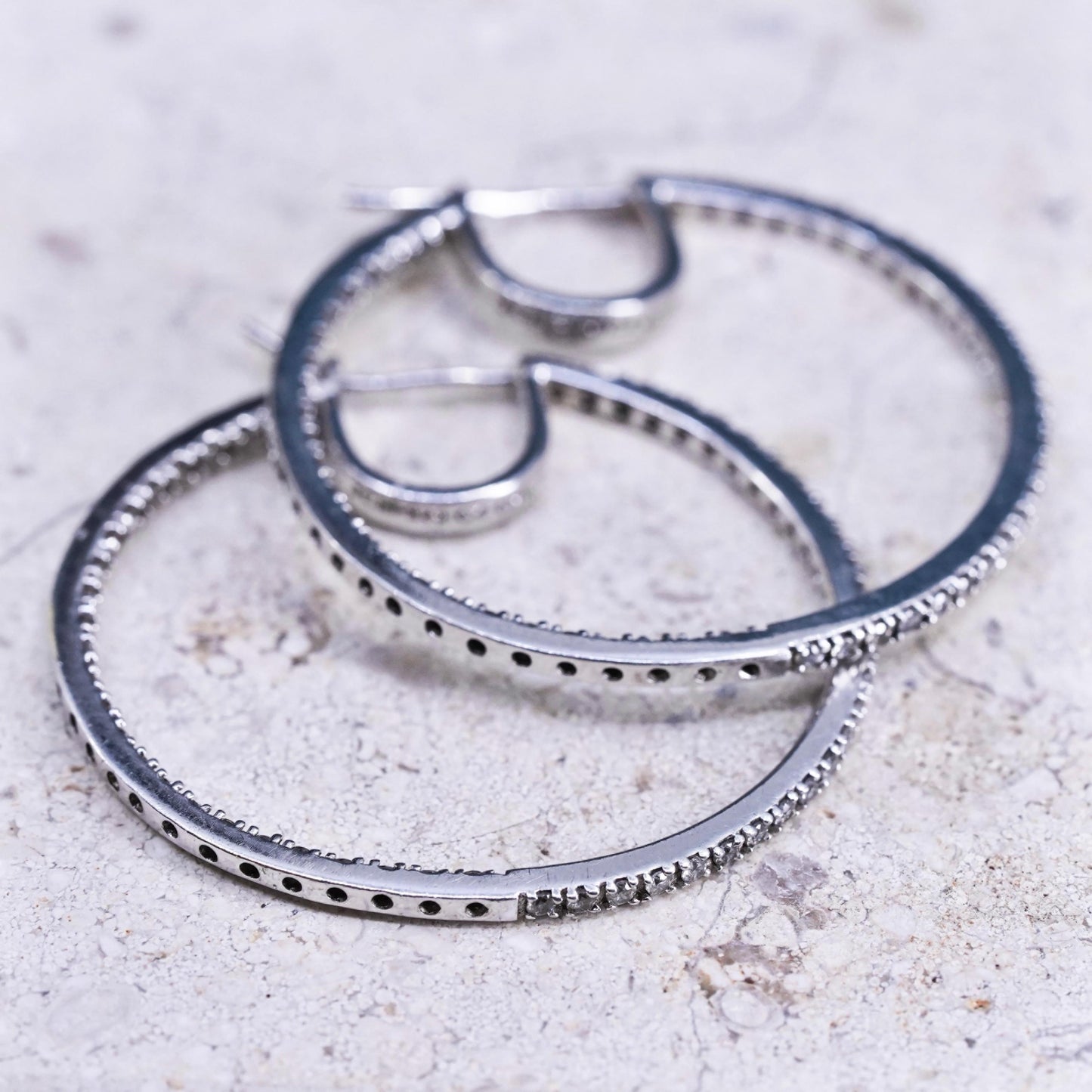1.5”, Sterling silver handmade earrings, 925 silver hoops with cluster cz