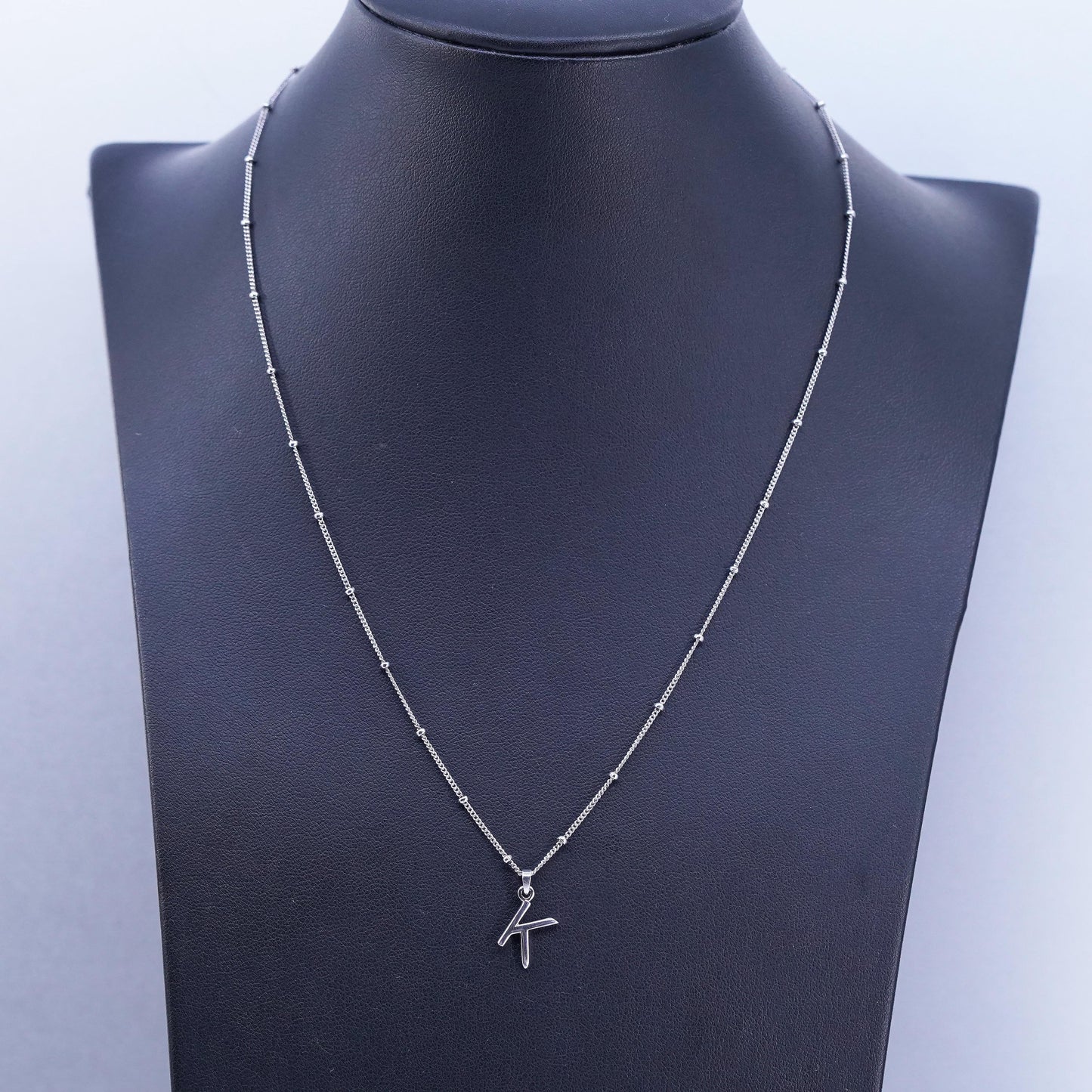 16+2”, vintage Sterling silver necklace, 925 bead curb chain letter K pendant