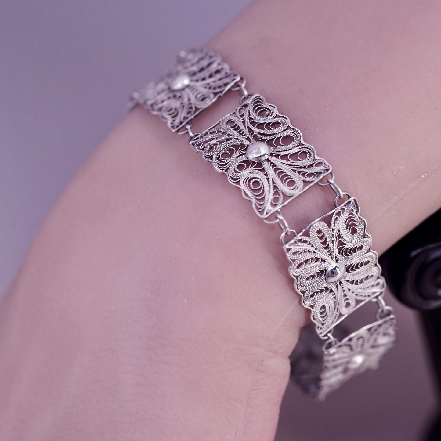 7", vintage sterling silver handmade bracelet, 925 filigree disc bracelet