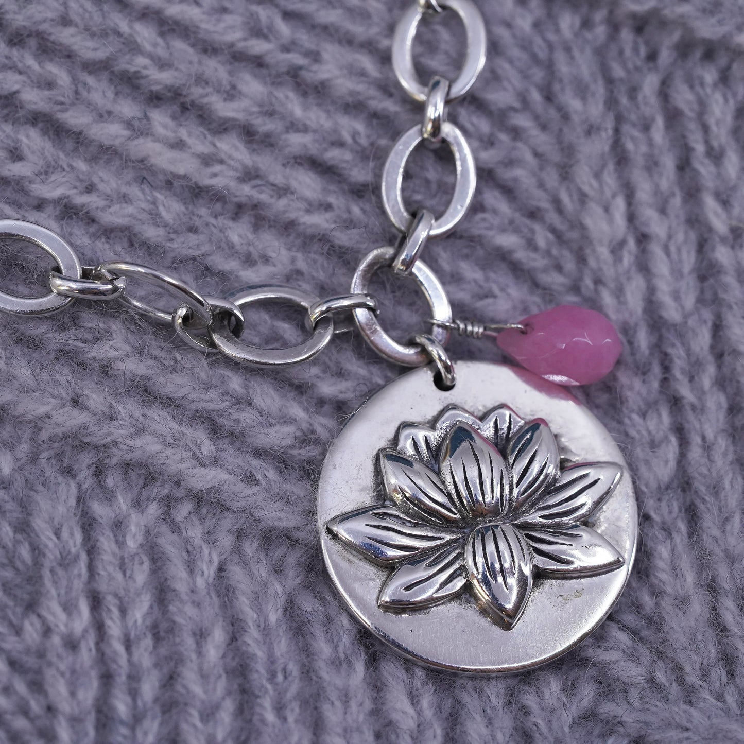 6.75", Sterling silver bracelet, 925 flatten circle chain lotus flower charm