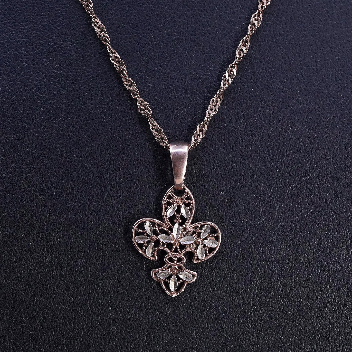 18" rose gold Sterling Silver Fleur de Lis Necklace 925 Floral Filigree pendant