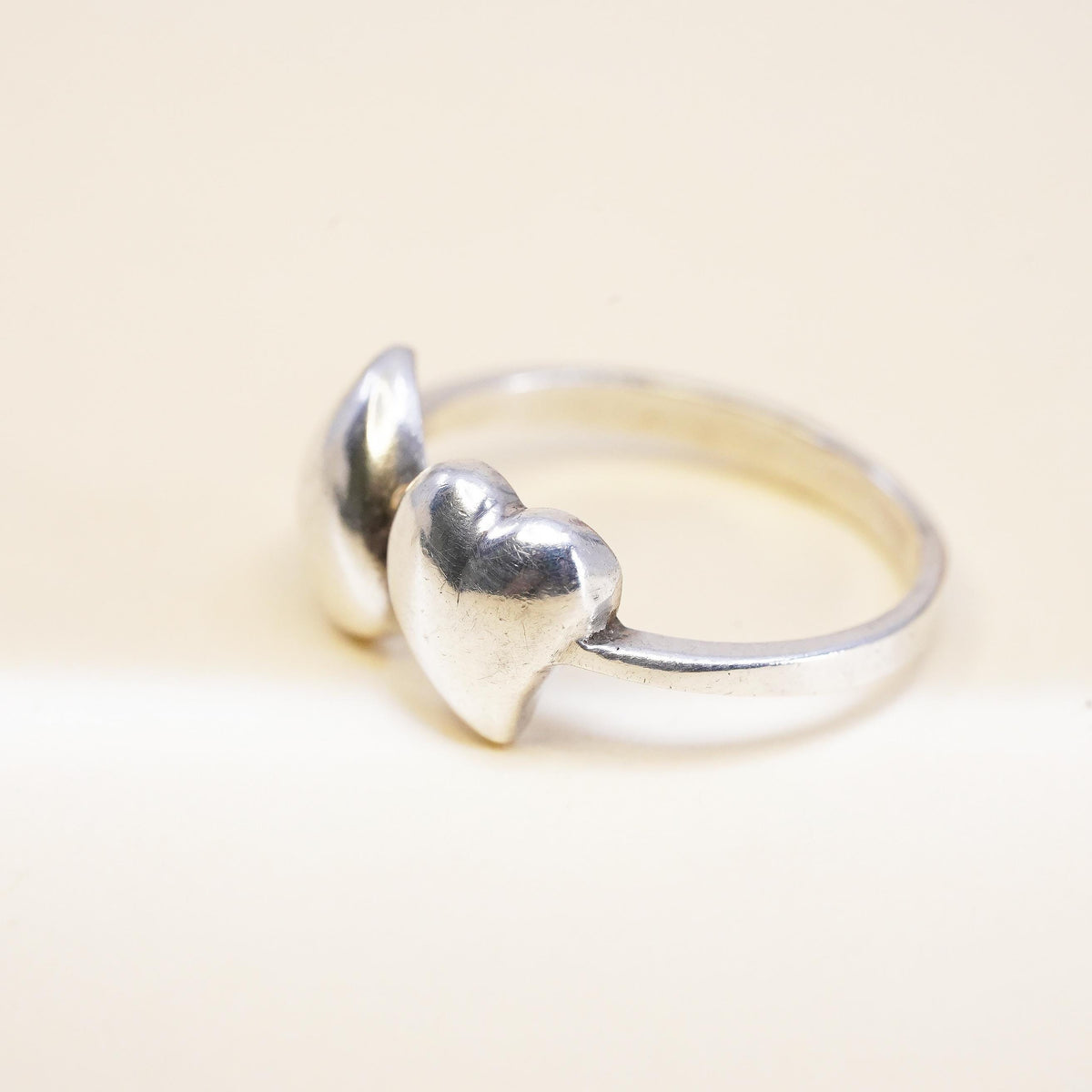 Size 6, Vintage sterling silver handmade ring, 925 double heart band