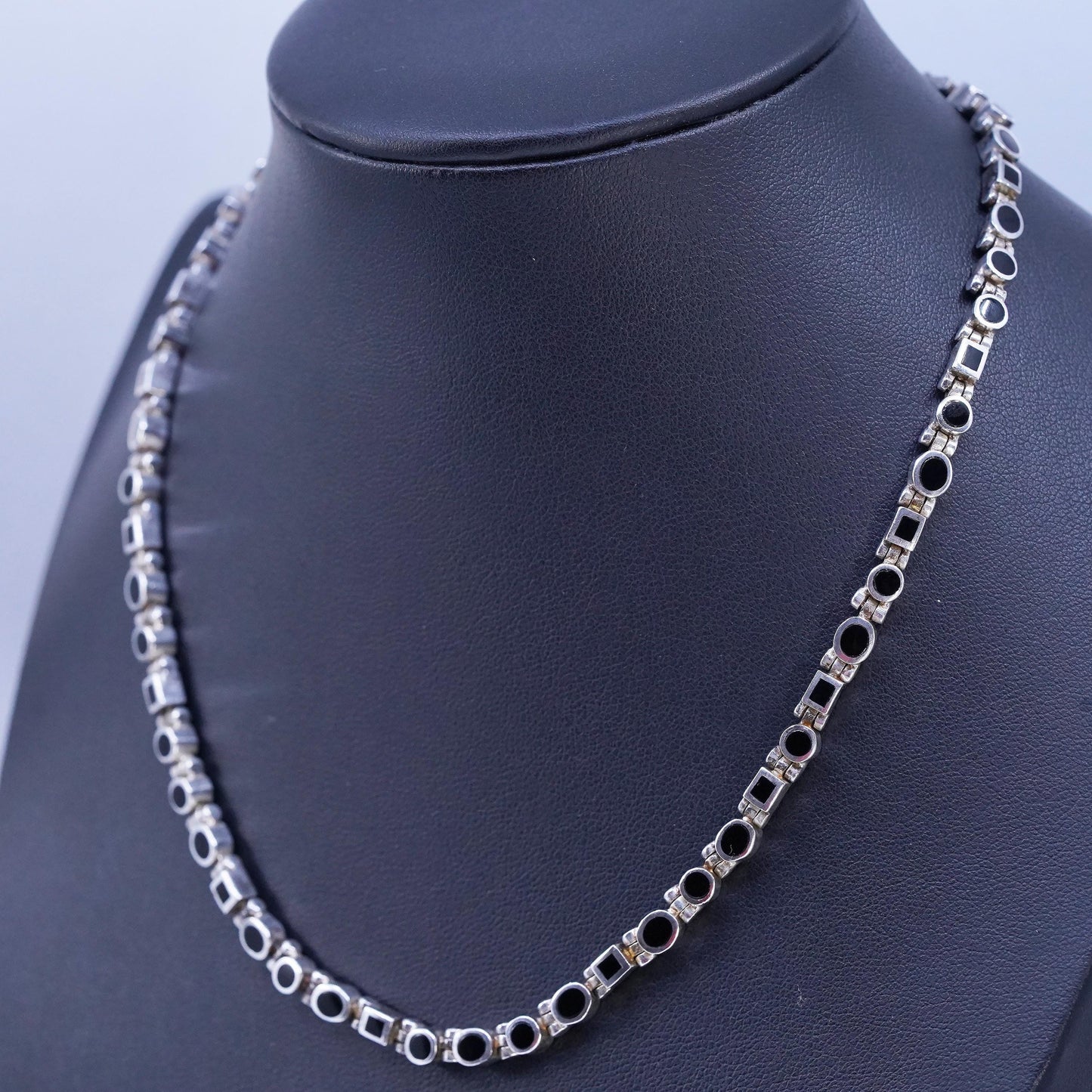 16", vintage Peyote Bird Sterling silver 925 tennis necklace with cluster onyx