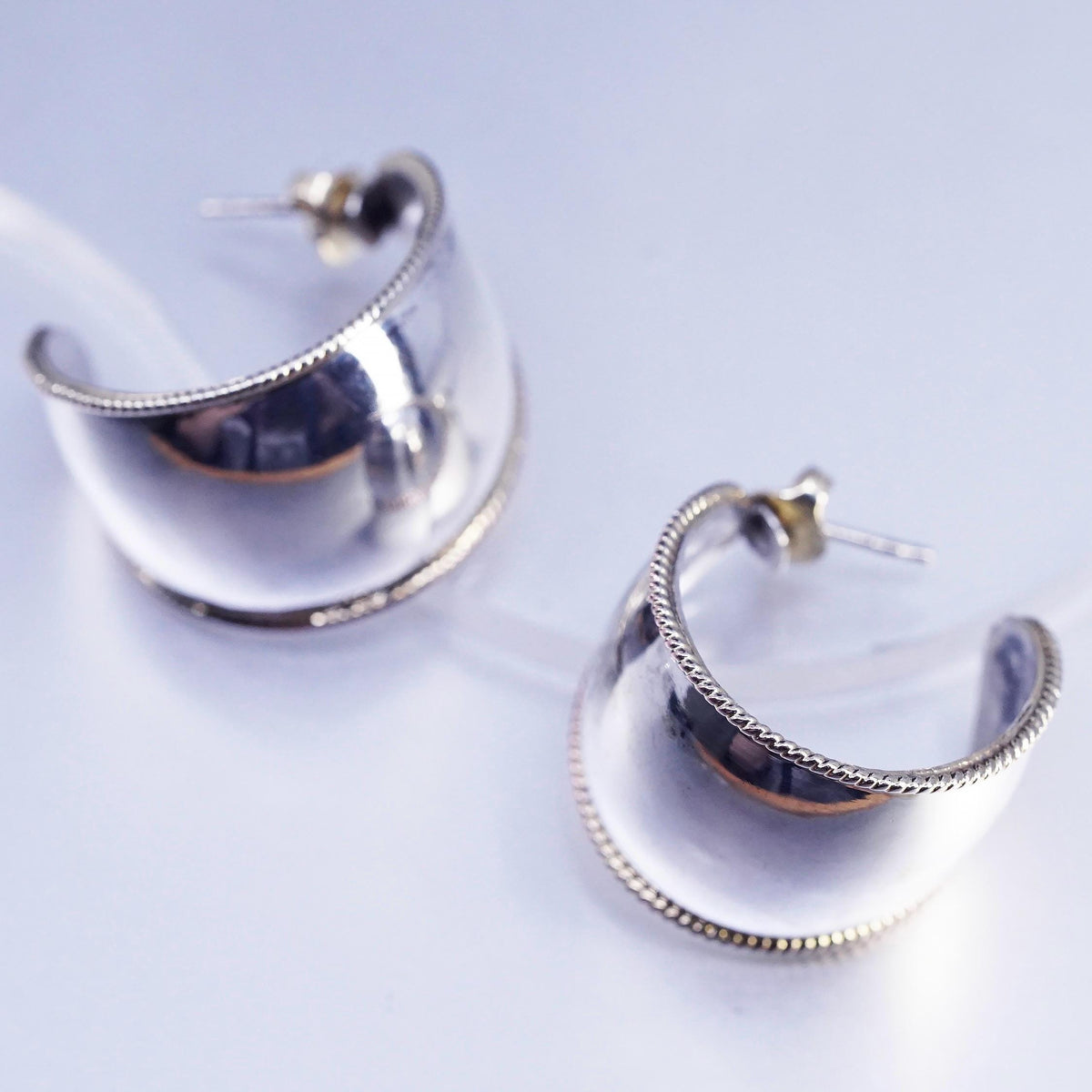 Two Tone Sterling 925 Silver Wide Hoop Earrings, Sculptural Curved Half Hoops