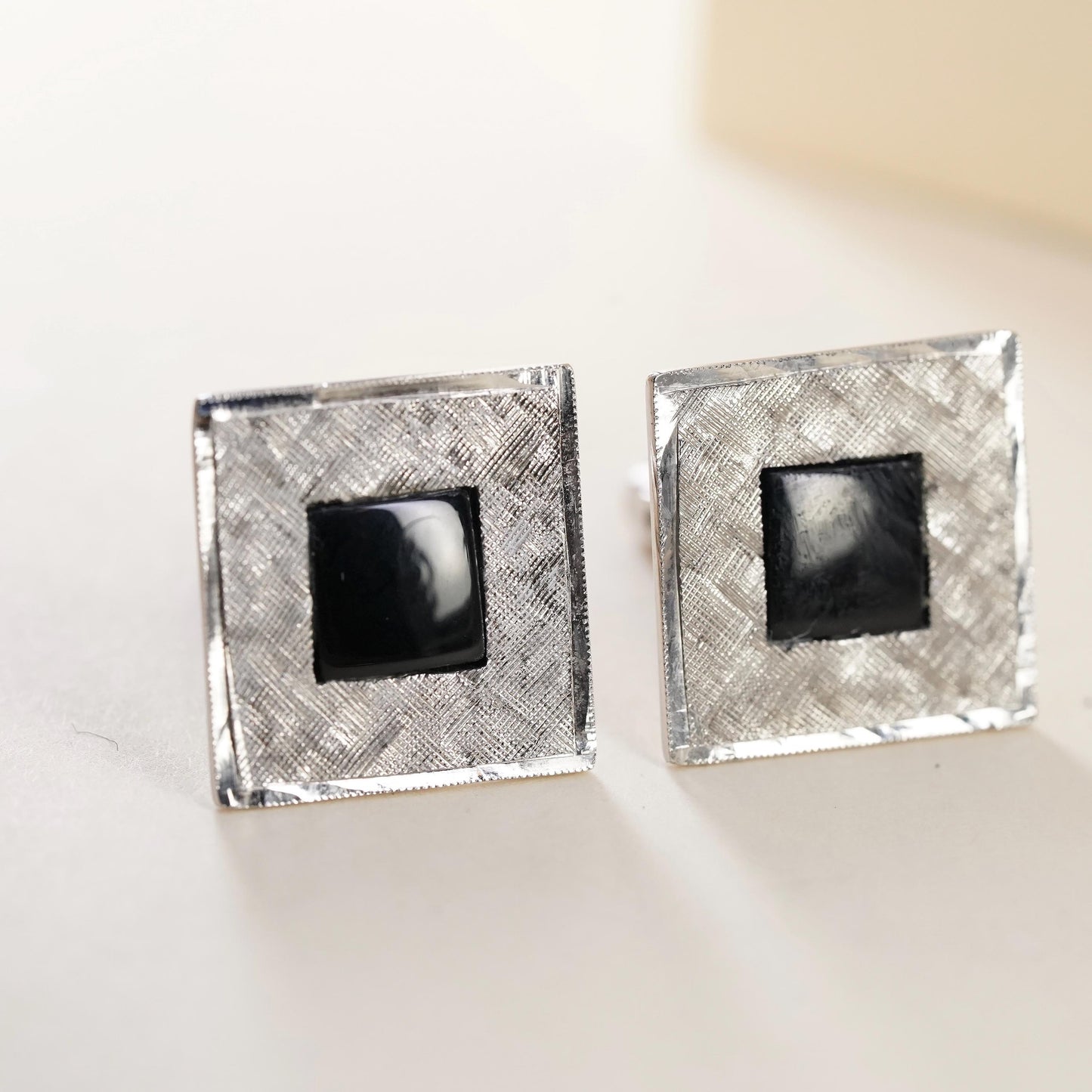 Vintage MR X sterling silver onyx cuff links, square textured 925 cufflinks