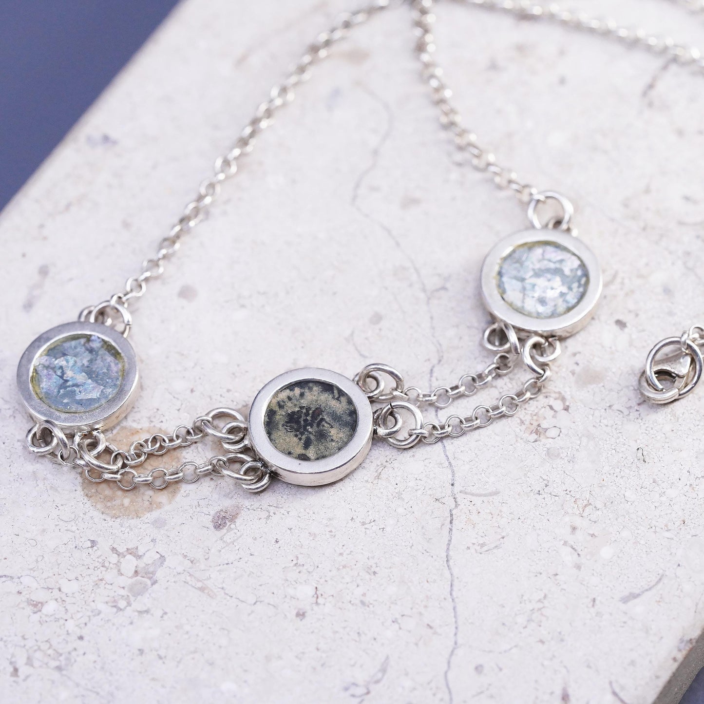16", VTG Sarda Sterling silver necklace, 925 circle chain Roman glass pendant